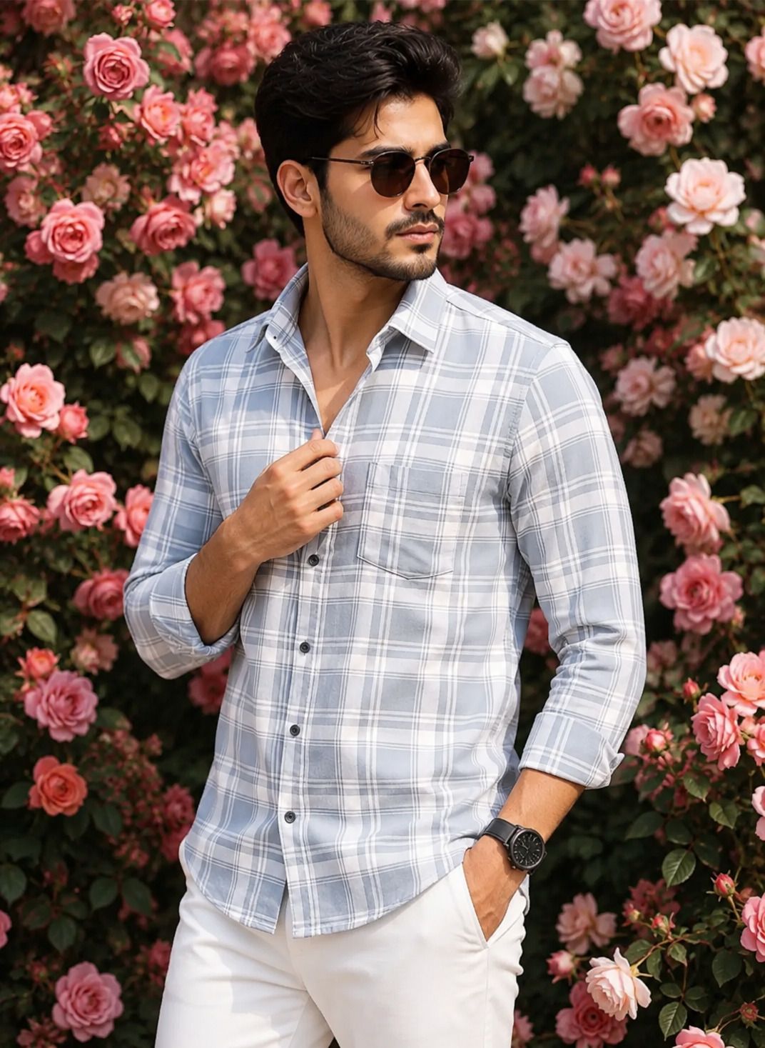 Men Regular Fit Checkered Curved Collar Formal Shirt-image-35