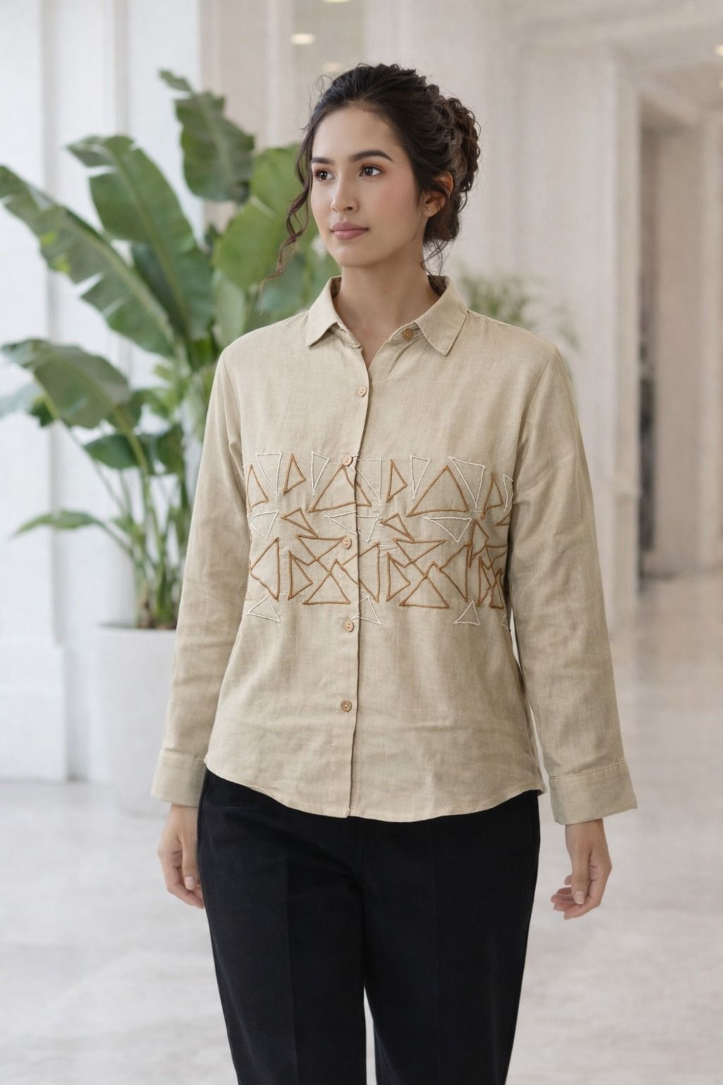 Women Relaxed Fit Fit Geometric Print, Solid Spread Collar Casual Shirt-image-24