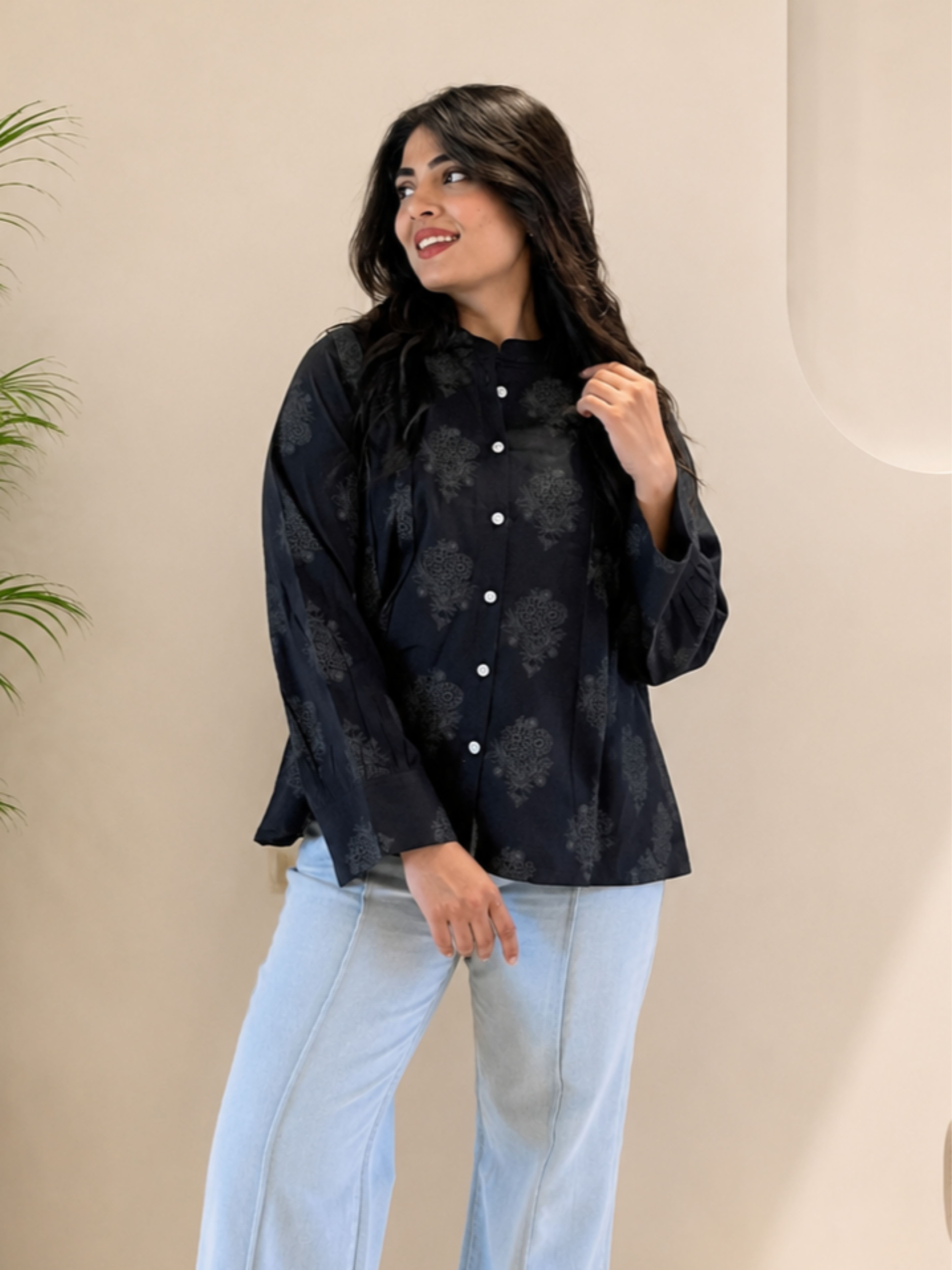 maaesa Women Regular Fit Printed Mandarin Collar Casual Shirt-picture-5