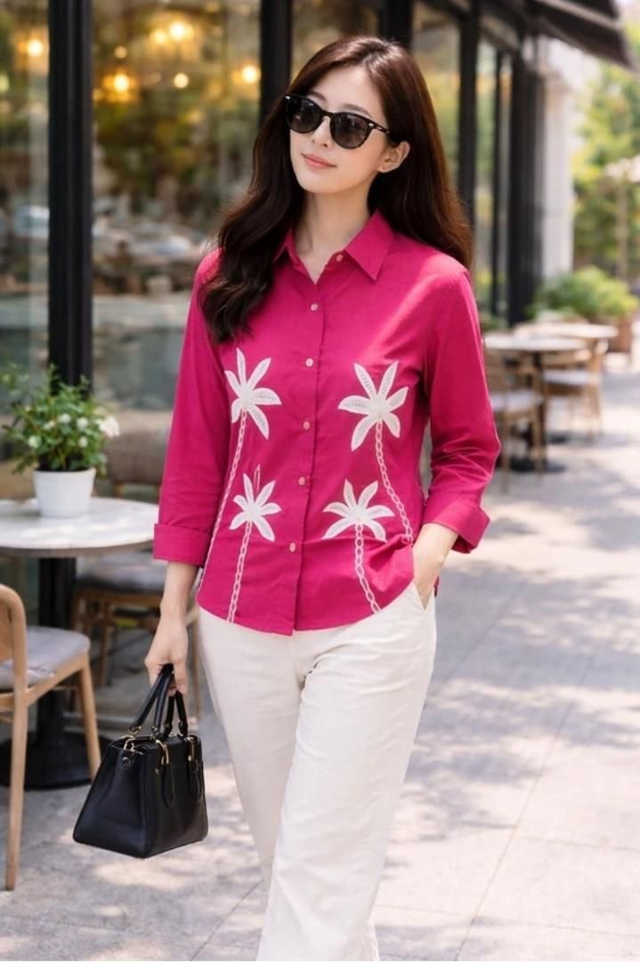 Women Regular Fit Embroidered, Floral Print Spread Collar Casual Shirt-image-34