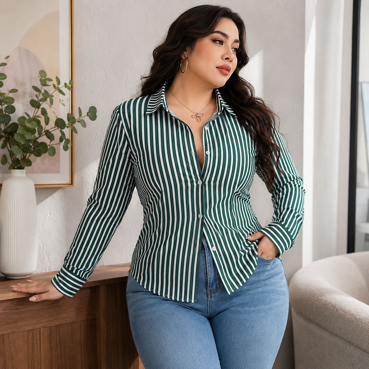 Women Tailored Fit Striped Spread Collar Casual Shirt-image-45