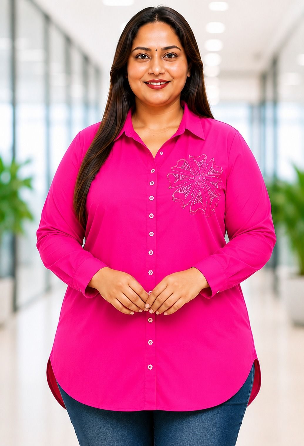 Women Regular Fit Embroidered Mandarin Collar Casual Shirt-image-10
