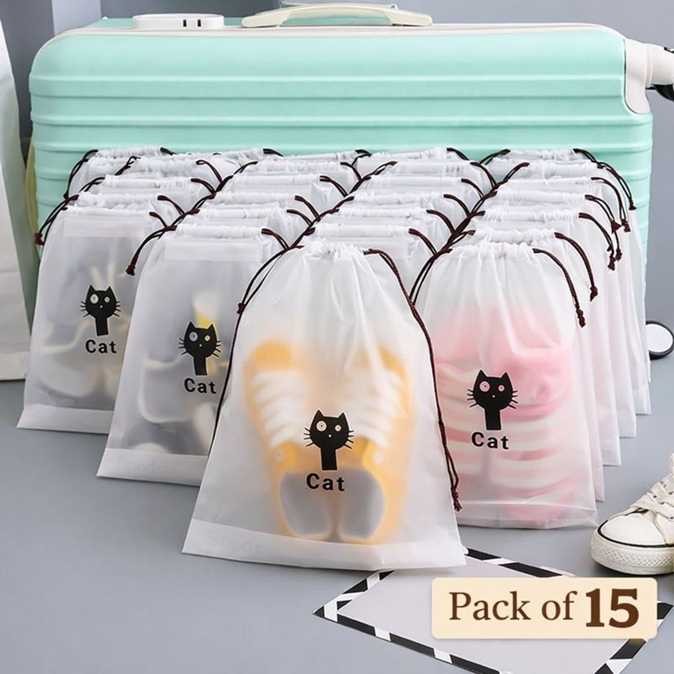 Transparent Waterproof Shoe Cover Storage Bags with Drawstring | Pack of 15 Plastic Transparent Flat Shoe Cover, High Heeled Shoe Cover-image-11