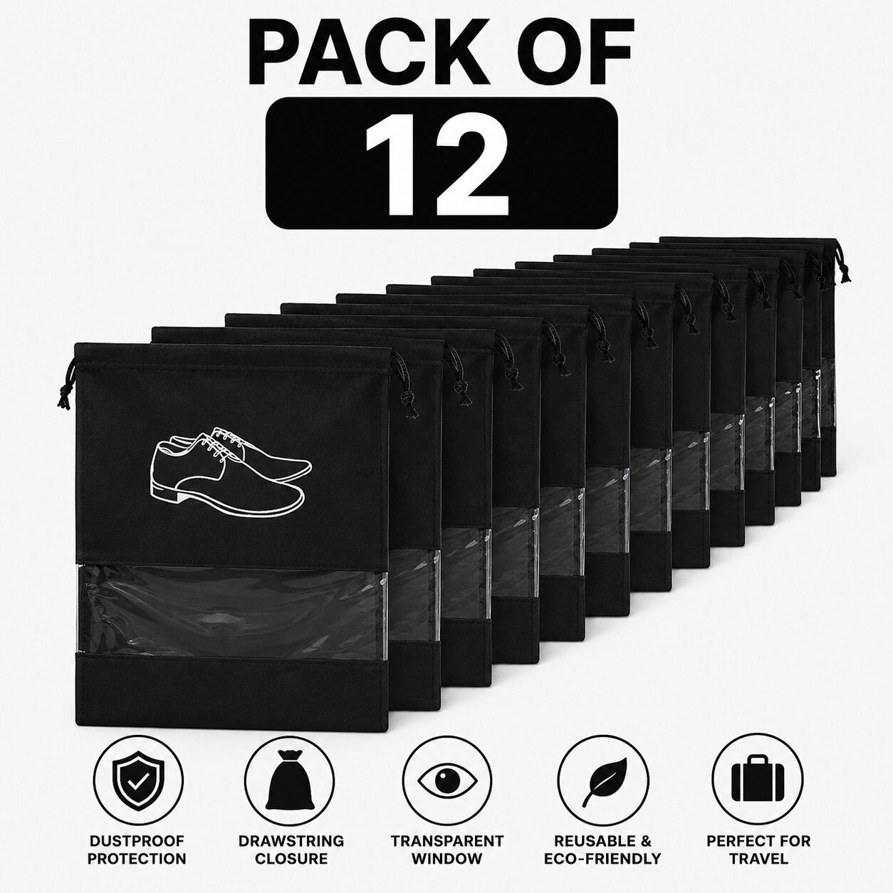 Drawstring Shoe Organizer Transparent Window Reusable Shoe Cover Pack of 12 PP (Polypropylene), Polyresin BLACK Boots Shoe Cover, High Heeled Shoe Cover, Toes Shoe Cover, Flat Shoe Cover-image-45