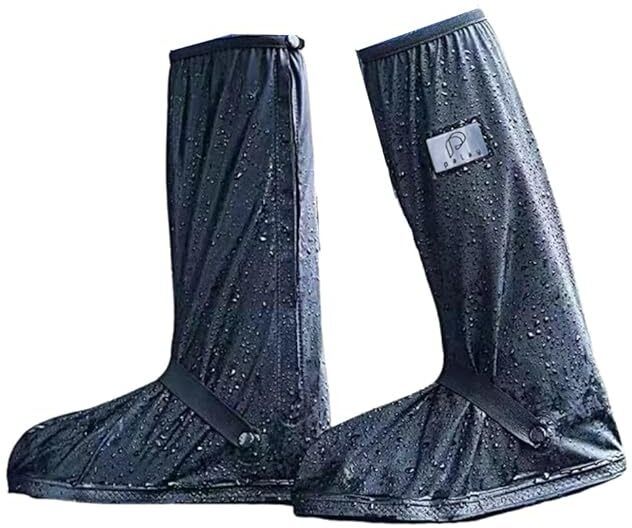 Waterproof Shoe Cover Calf Length with Elastic Strap Wear Resistant One Pair Plastic Black High Ankle Shoe Cover-image-37