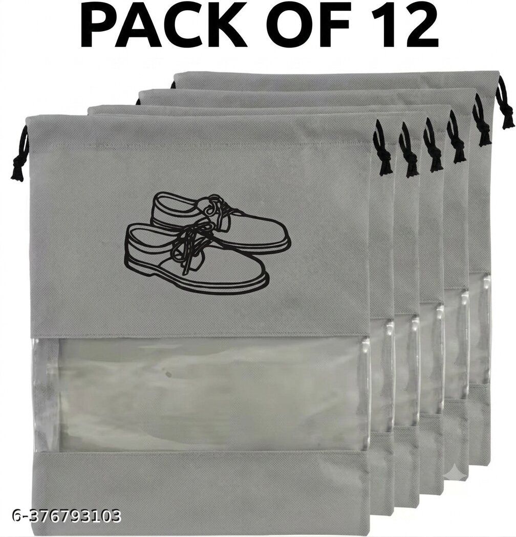 alaxva "Premium Drawstring Shoe Organizer Bags with Transparent Window - Pack of 12 PP (Polypropylene), Polyresin GREY Boots Shoe Cover, Flat Shoe Cover, Toes Shoe Cover-picture-25