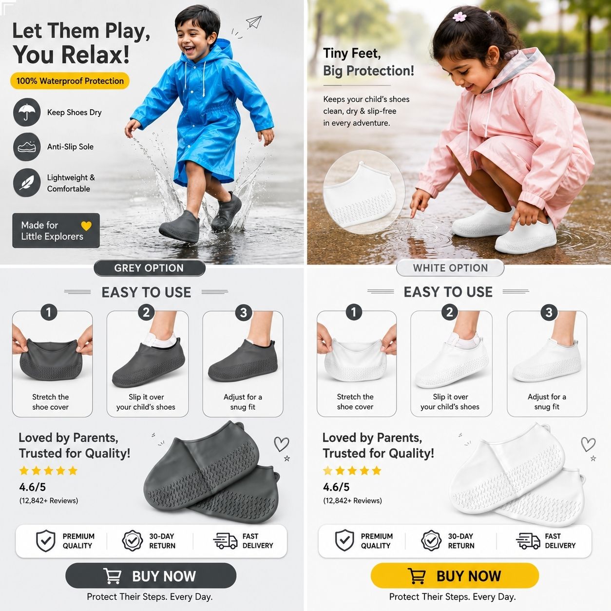 Kids Waterproof Silicone Shoe Cover Anti Slip Reusable Rain Protector White Silicone Grey, White Toes Shoe Cover-image-31