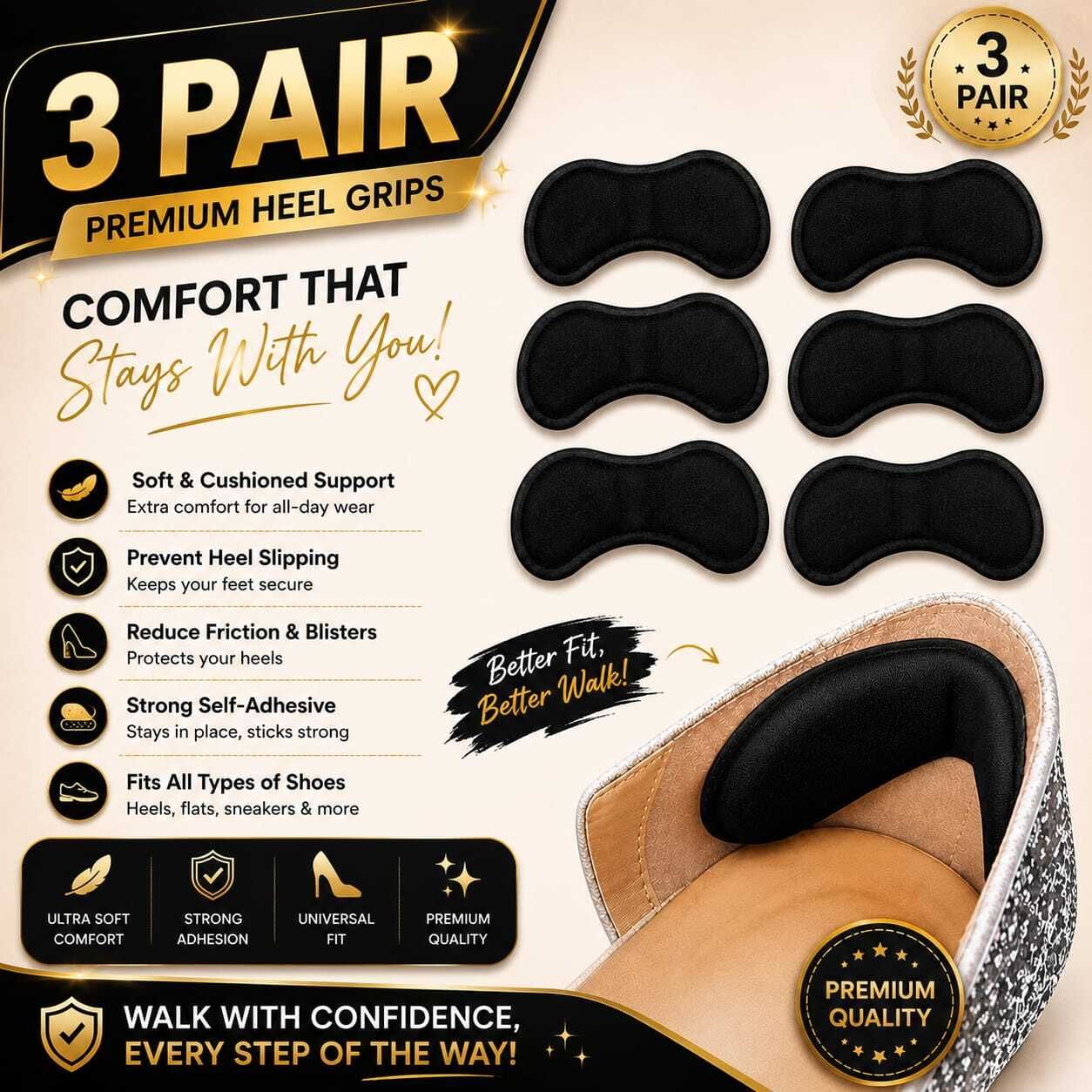 Premium Heel Grips & Cushions for Loose Shoes – Blister Prevention (3 Pairs) Fabric Heel Accessories Regular, Sports Shoe Insole-image-40
