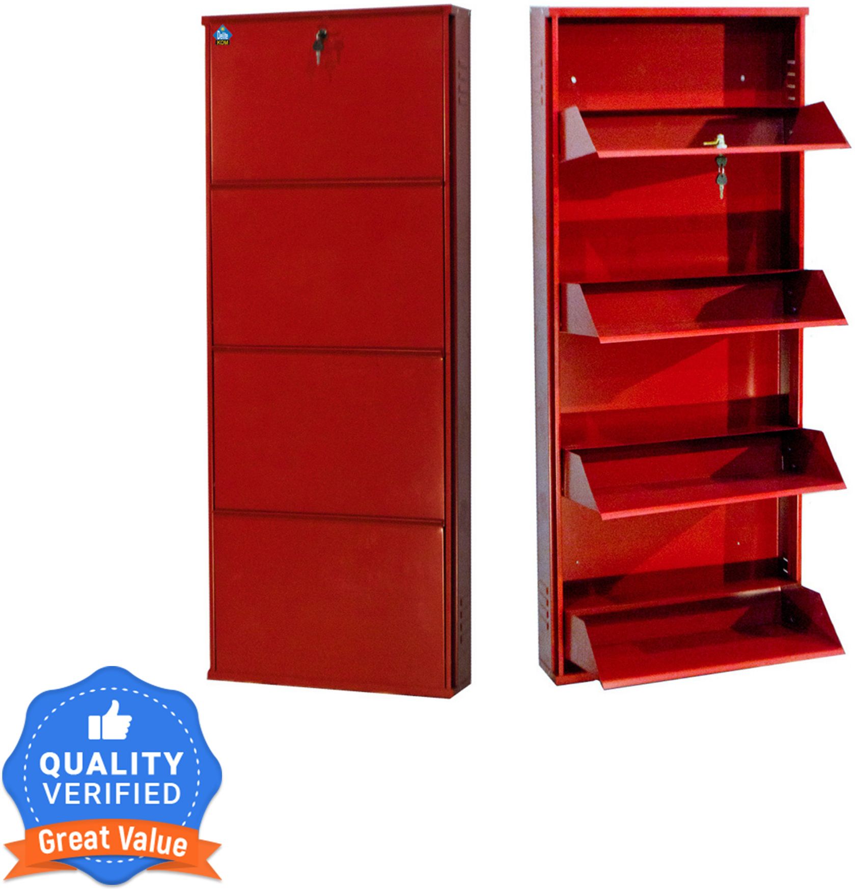 20 Inches wide Four Door Powder Coated Wall Mounted Metallic Brick Red Metal, Metal, Metal Shoe Rack