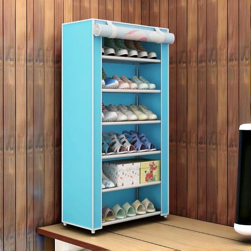 colcum 6-Tier Portable Shoe Rack with Roll-up Cover, Turquoise Blue, Micro Fiber Collapsible Wardrobe-picture-13