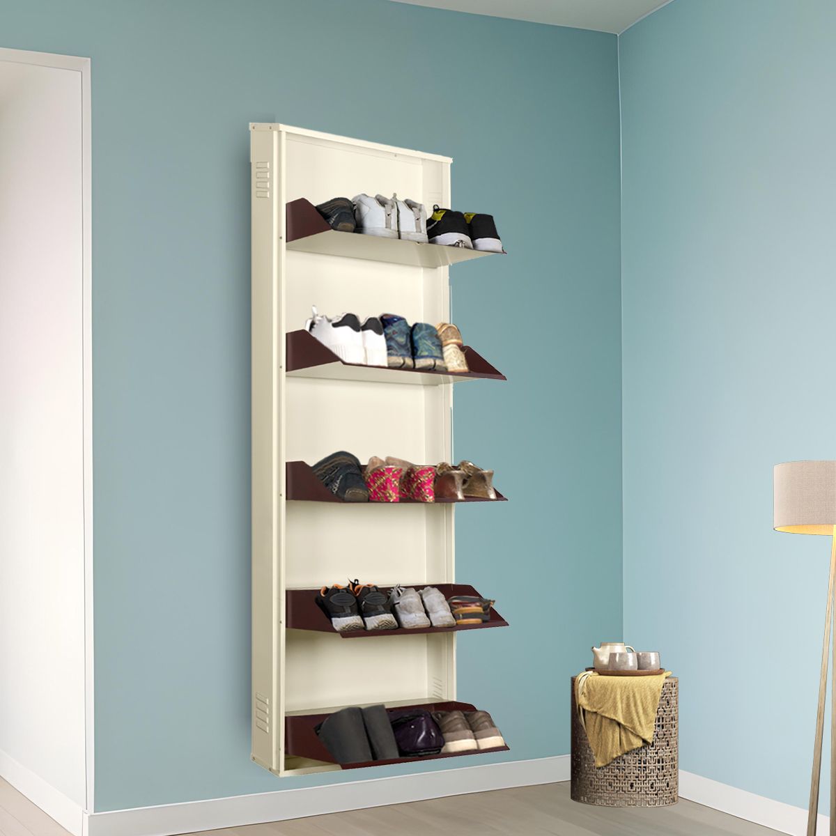 20 Inches wide Latitude Five Door Powder Coated Wall Mounted Metallic Ivory Coffee Metal, Metal, Metal Shoe Rack