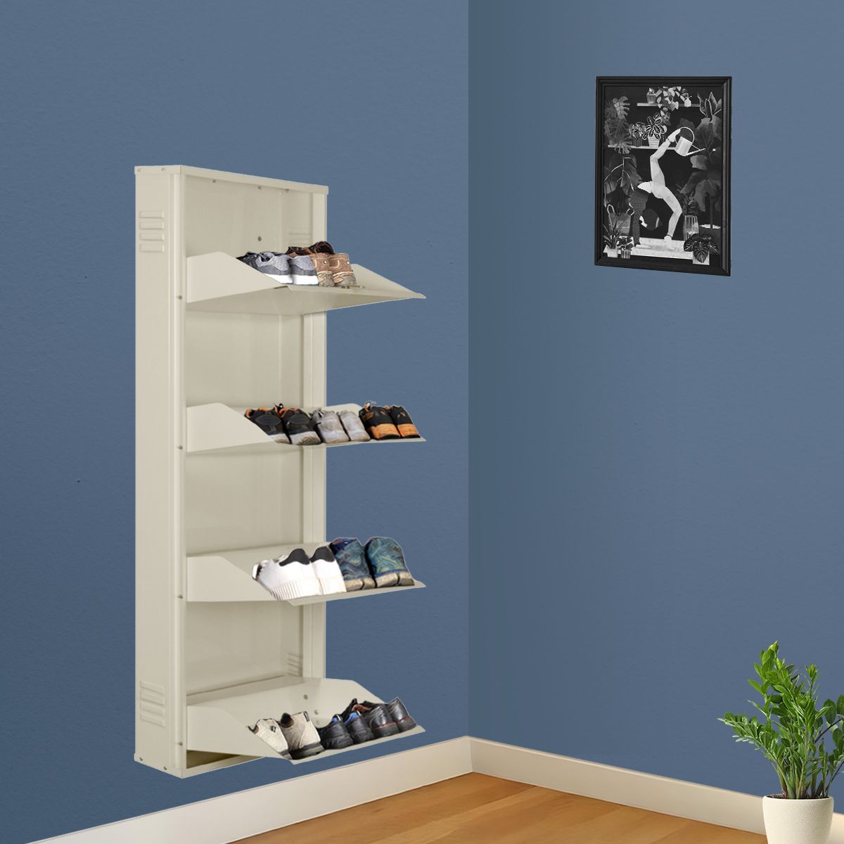 20 Inches wide Latitude Four Door Powder Coated Wall Mounted Metallic Ivory Metal Shoe Rack