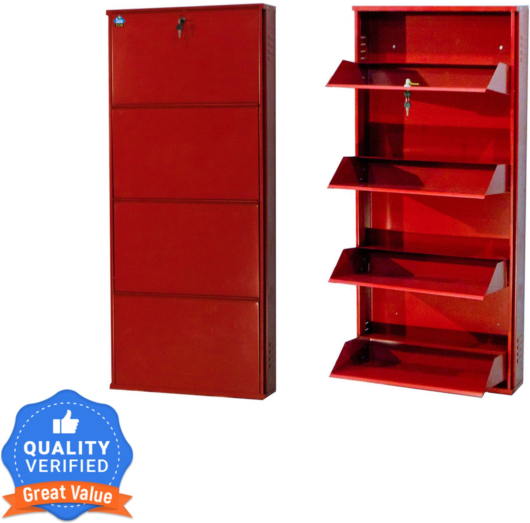 24 Inches wide Four Door Powder Coated Wall Mounted Metallic Brick Red Metal, Metal, Metal Shoe Rack