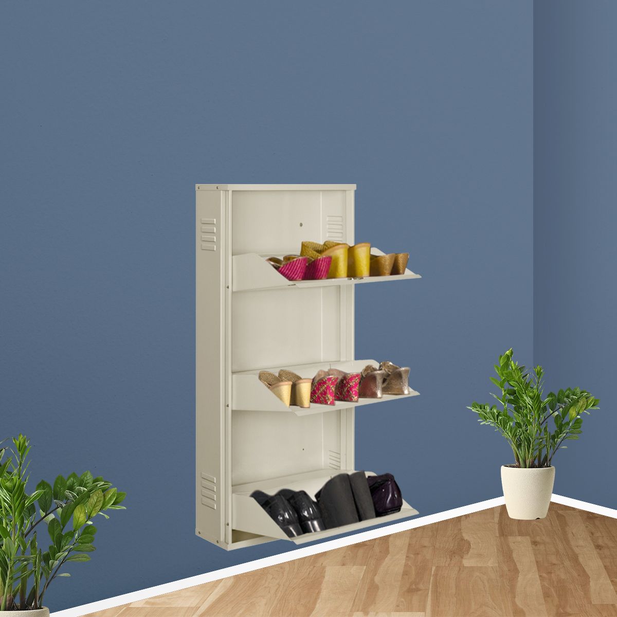 delite kom 20 Inches wide Latitude Three Door Powder Coated Wall Mounted Metallic Ivory Metal, Metal, Metal Shoe Rack-picture-34