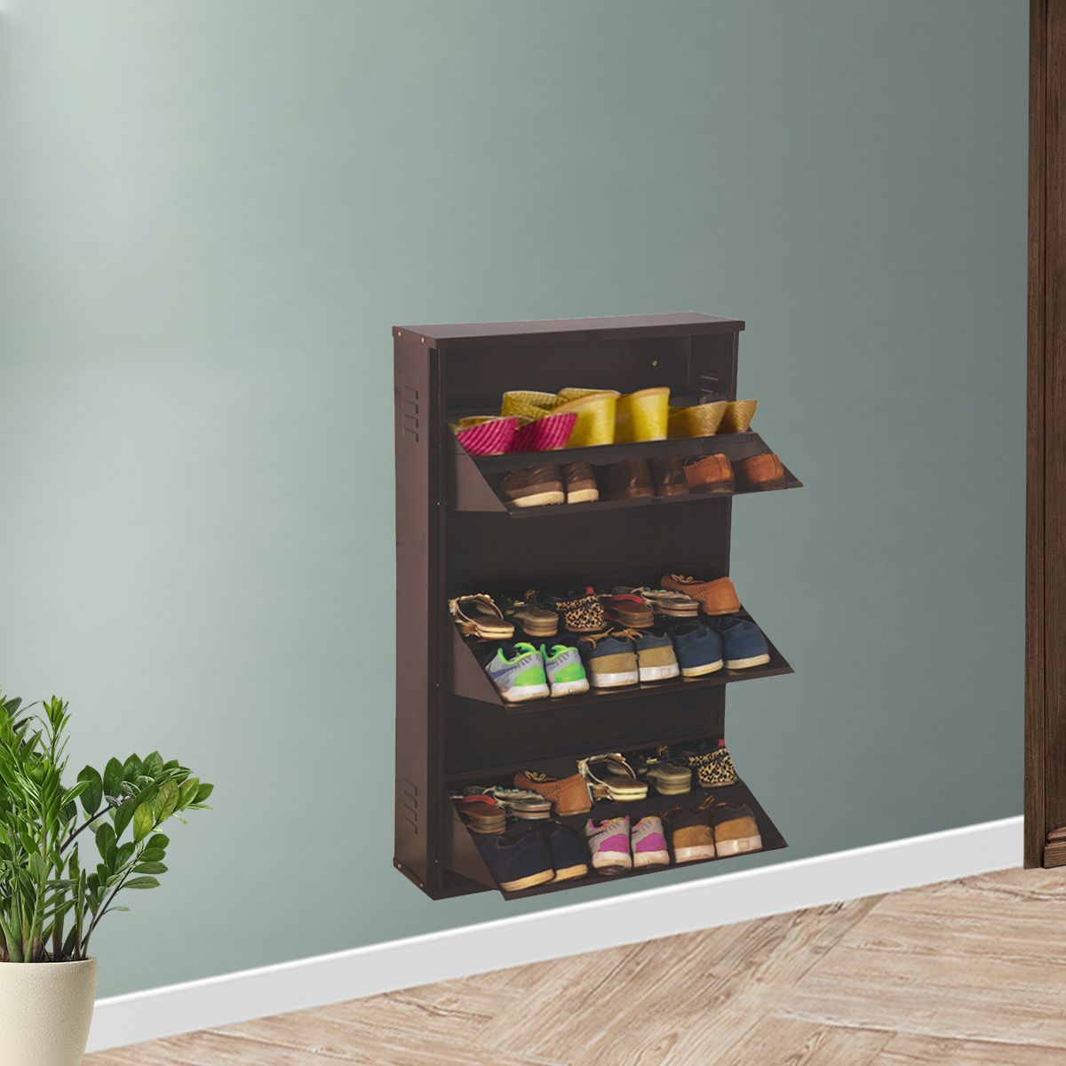 delite kom 24 Inches wide Jumbo Three Door Double Decker Powder Coated Wall Mounted Metallic Coffee Metal, Metal, Metal Shoe Rack-picture-19