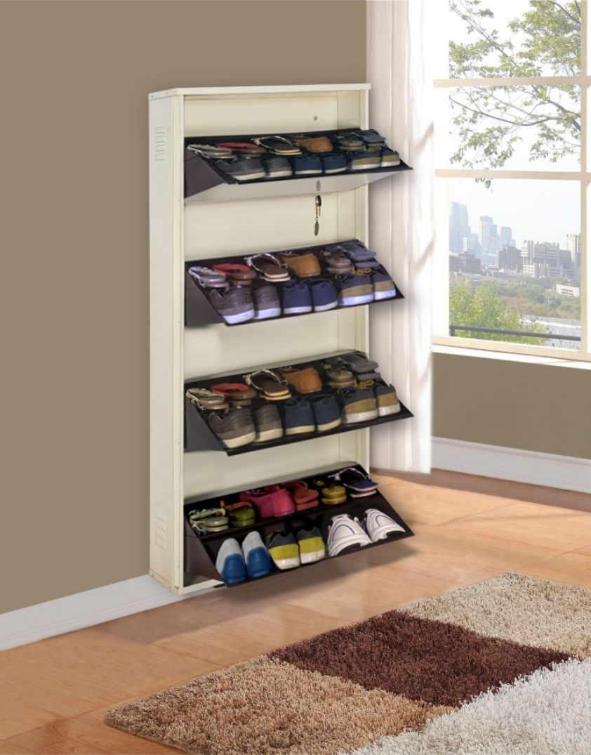 delite kom 24 Inches wide Four Door Double Decker Powder Coated Wall Mounted Metallic Ivory Coffee Metal Shoe Rack-picture-21