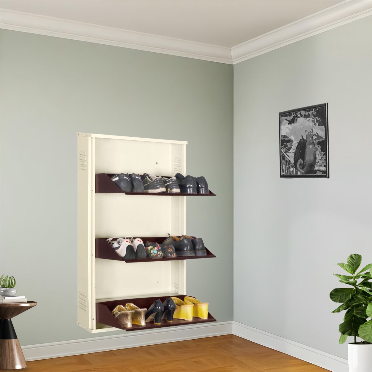 24 Inches wide Three Door Powder Coated Wall Mounted Metallic Ivory Coffee Metal, Metal, Metal Shoe Rack