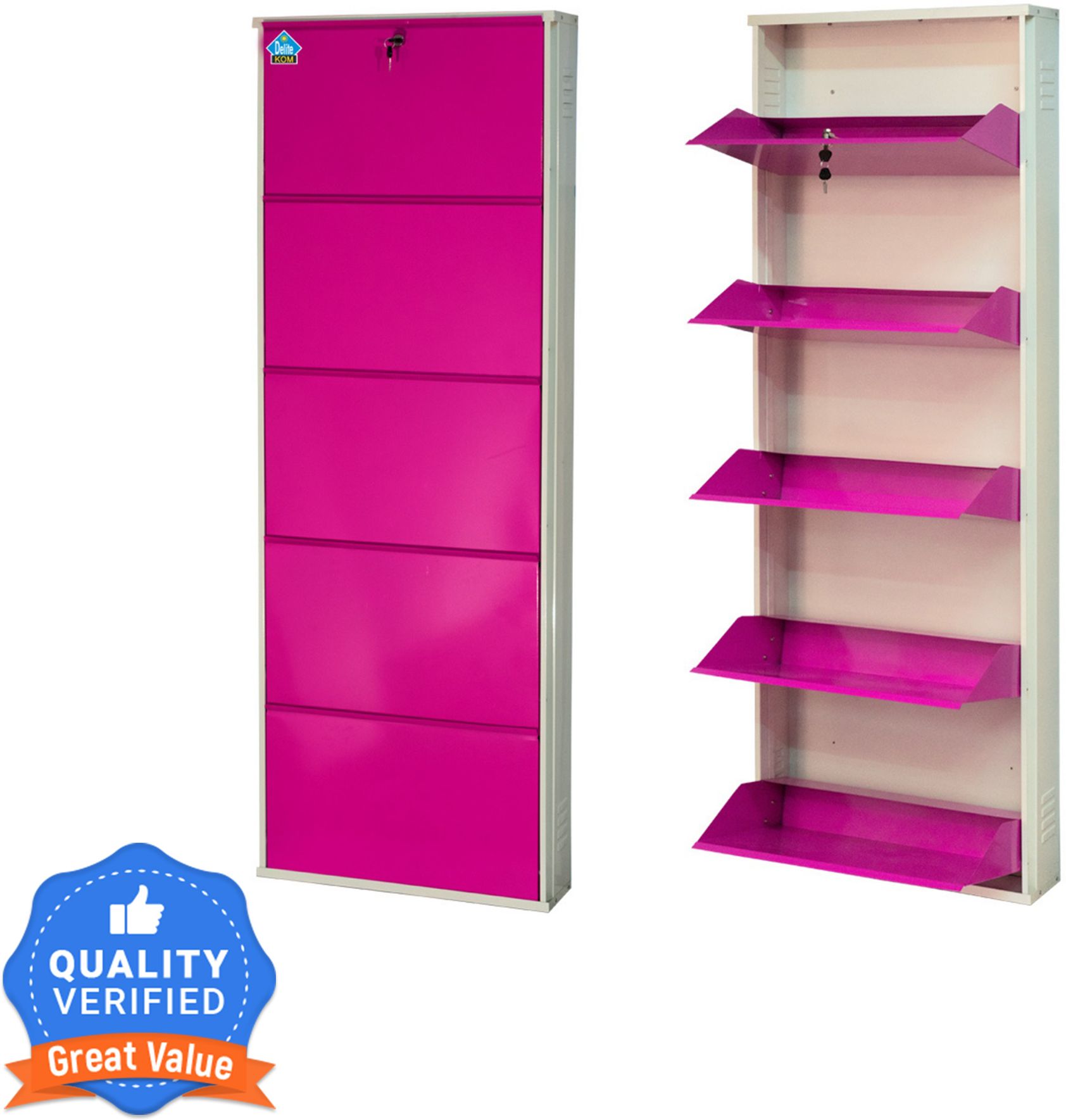 24 Inches wide Five Door Powder Coated Wall Mounted Metallic Ivory Pink Metal Shoe Rack