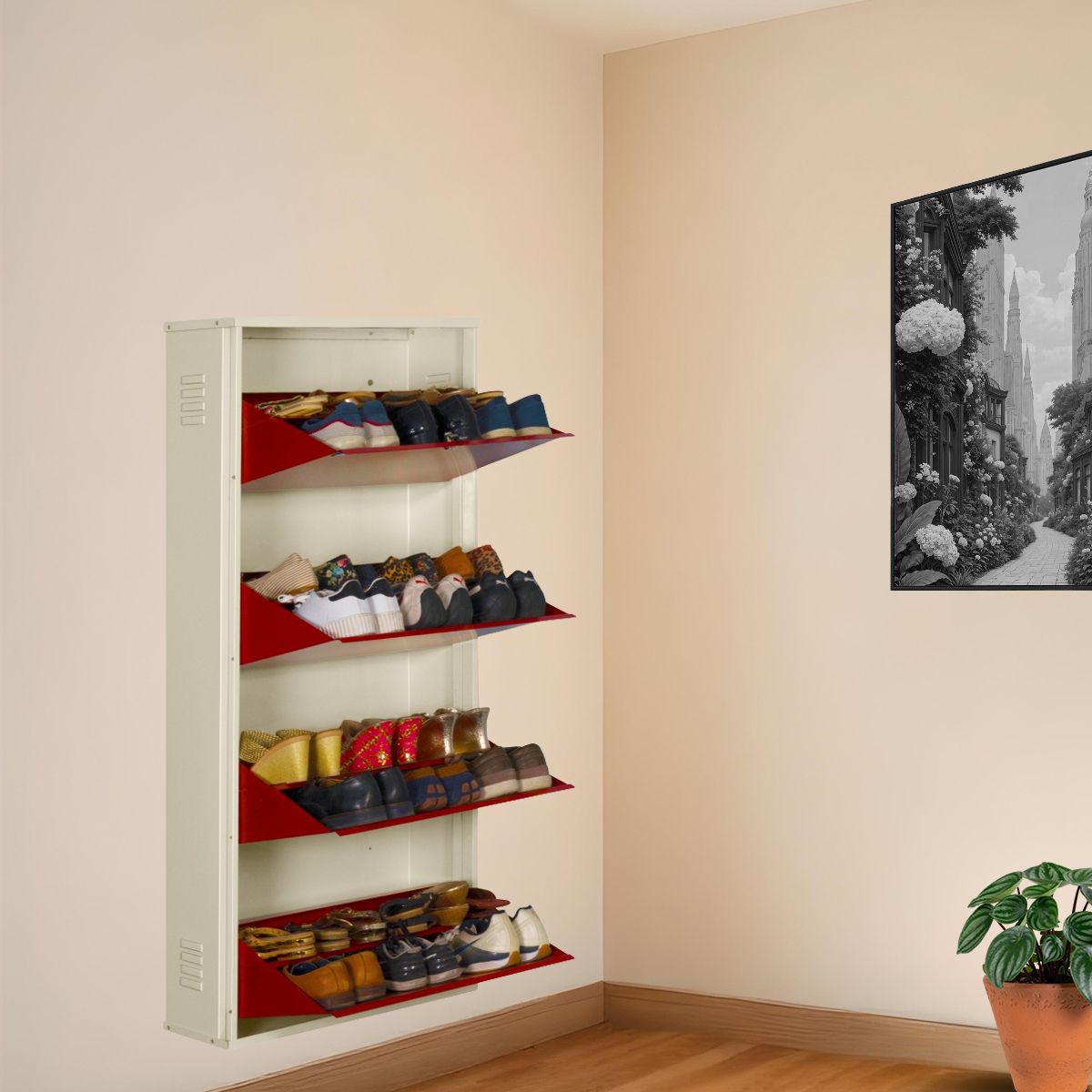 24 Inches wide Jumbo Four Door Double Decker Powder Coated Wall Mounted Metallic Ivory Brick Red Metal Shoe Rack