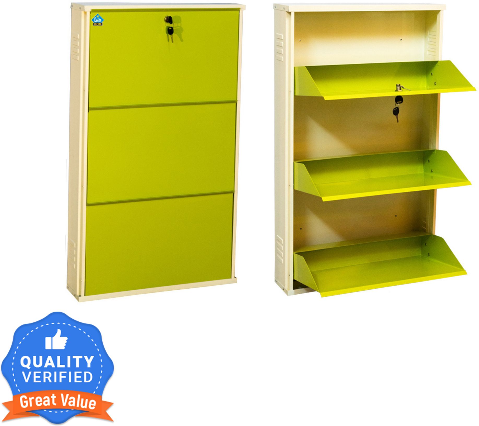 24 Inches wide Three Door Powder Coated Wall Mounted Metallic Ivory Green Metal Shoe Rack