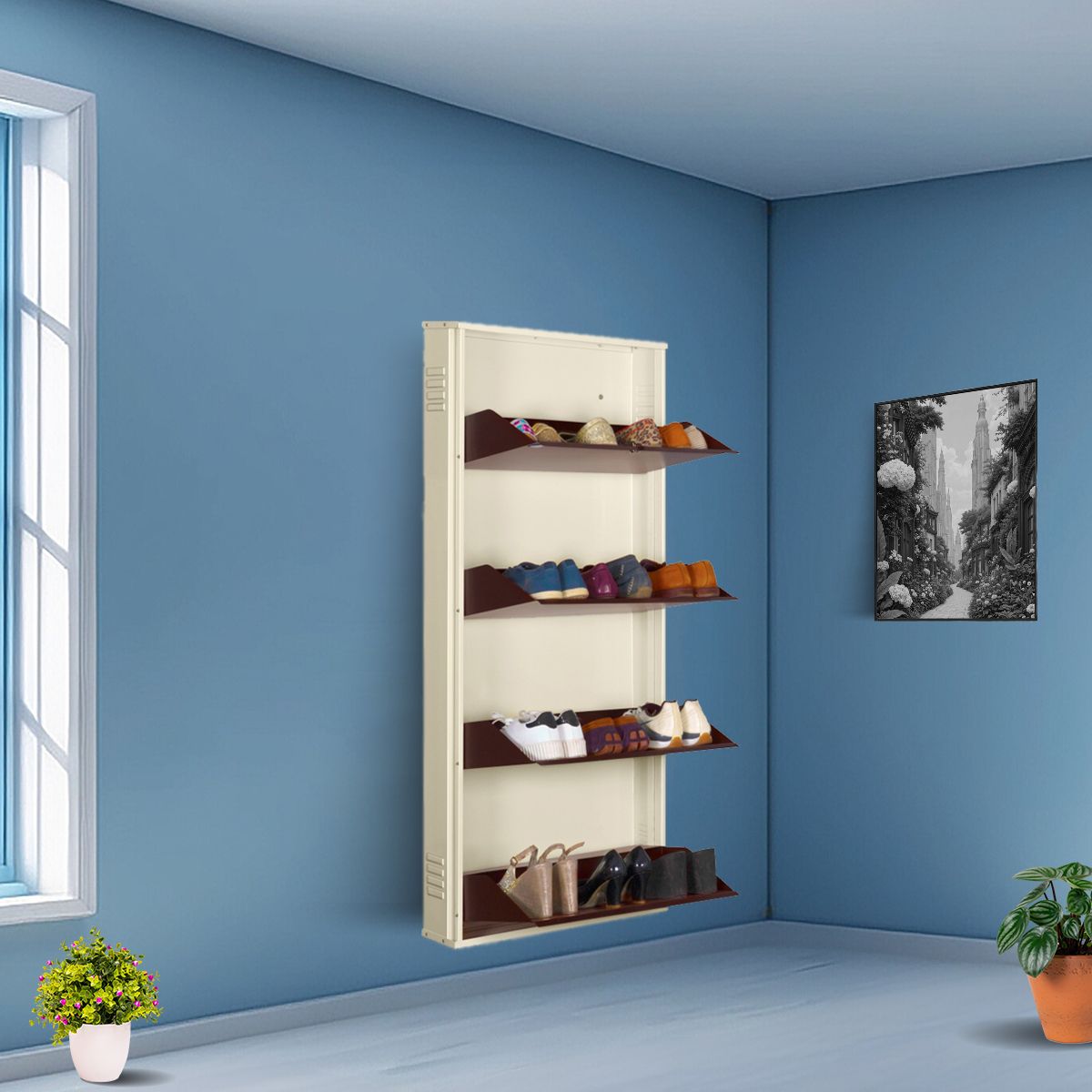 24 Inches wide Four Door Powder Coated Wall Mounted Metallic Ivory Coffee Metal, Metal, Metal Shoe Rack