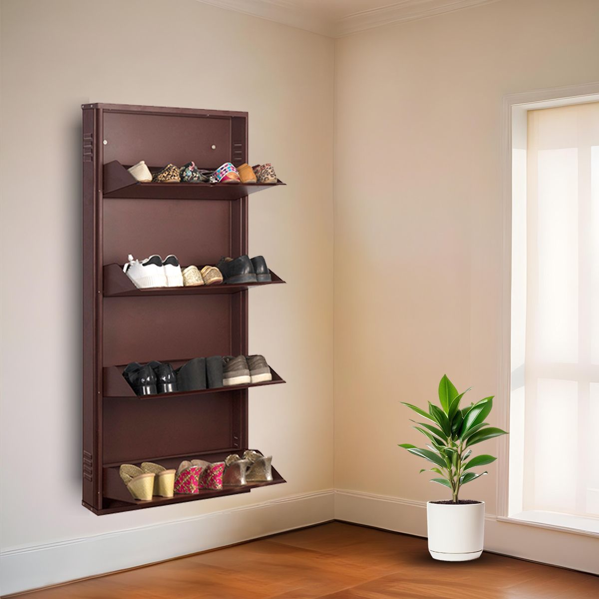 24 Inches wide Four Door Powder Coated Wall Mounted Metallic Coffee Metal, Metal, Metal Shoe Rack-image-41