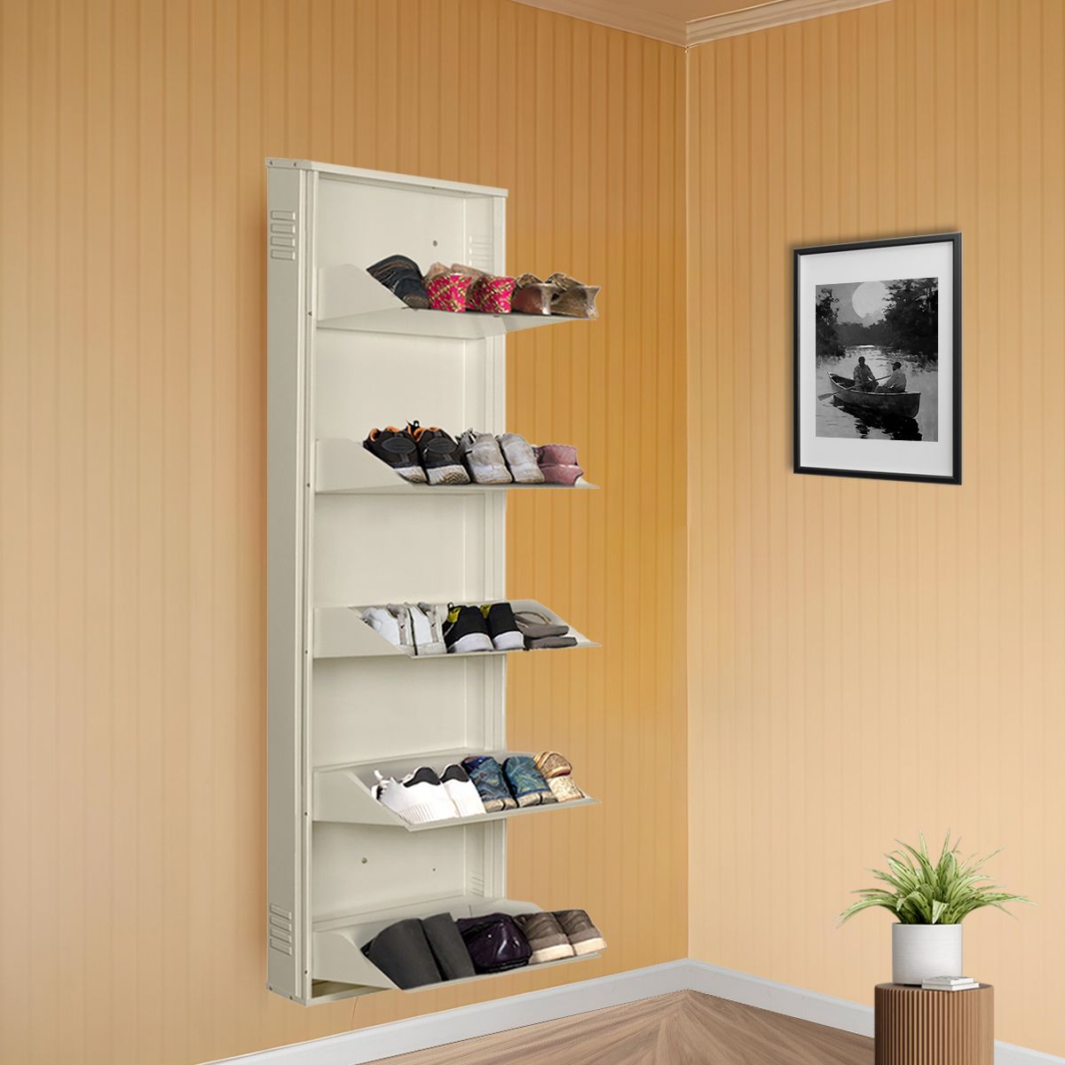 20 Inches wide Latitude Five Door Powder Coated Wall Mounted Metallic Ivory Metal, Metal, Metal Shoe Rack