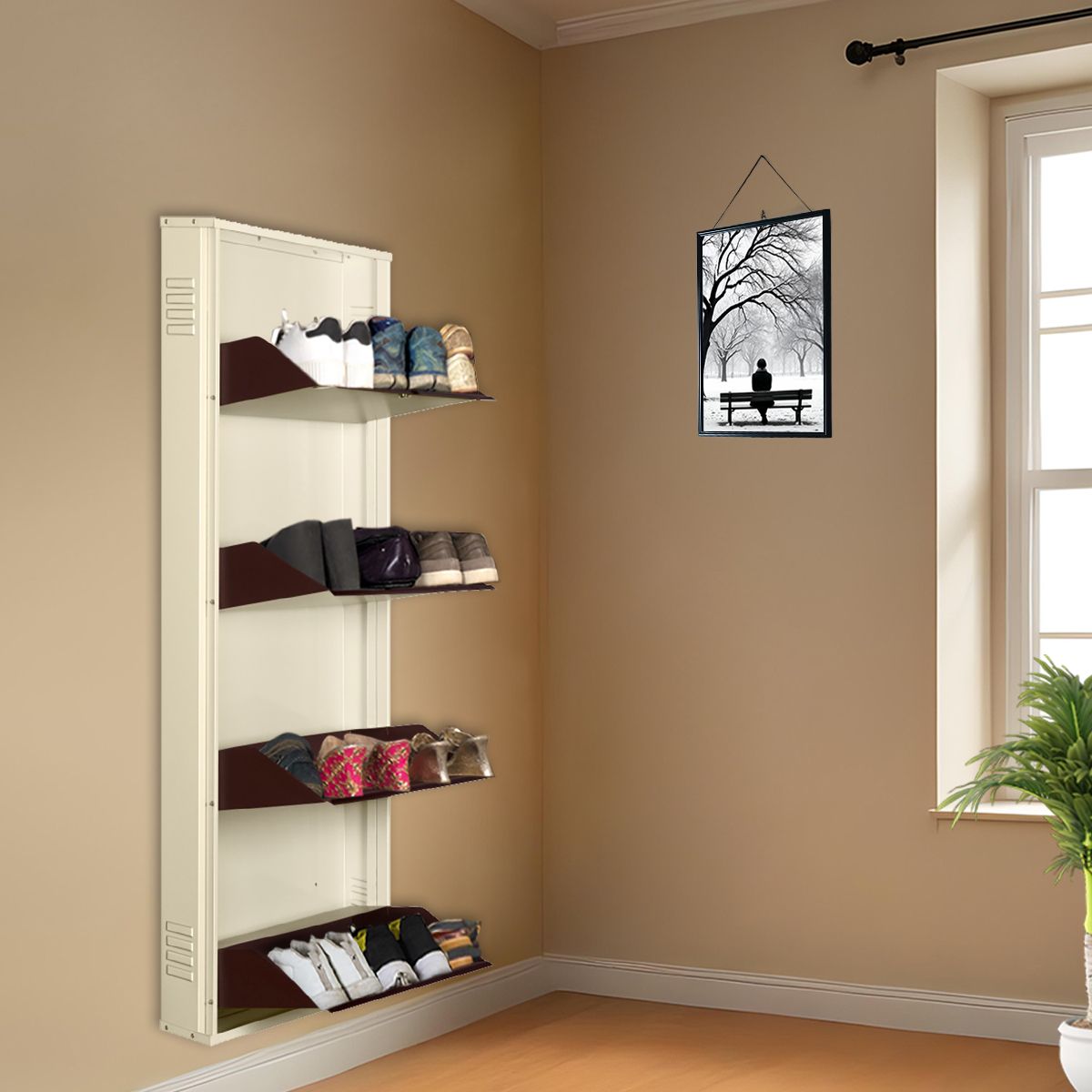 20 Inches wide Four Door Powder Coated Wall Mounted Metallic Ivory Coffee Metal, Metal, Metal Shoe Rack-image-3
