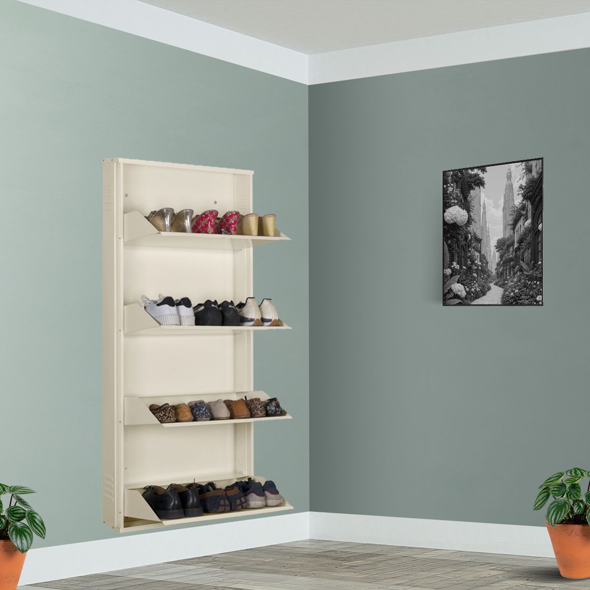 24 Inches wide Infinity Four Door Powder Coated Wall Mounted Metallic Ivory Metal Shoe Rack-image-34