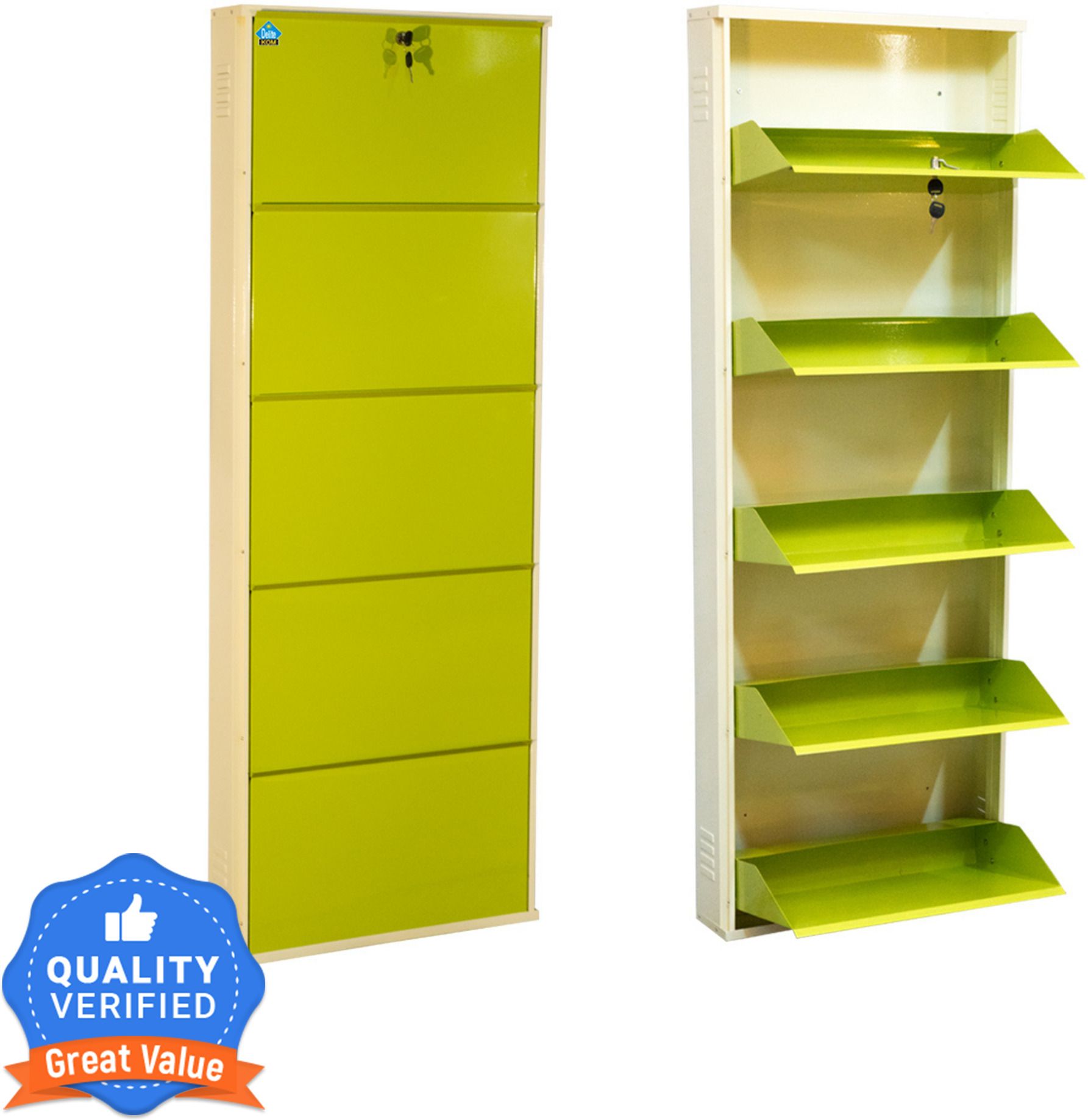 delite kom 24 Inches wide Five Door Powder Coated Wall Mounted Metallic Ivory Green Metal Shoe Rack-picture-38