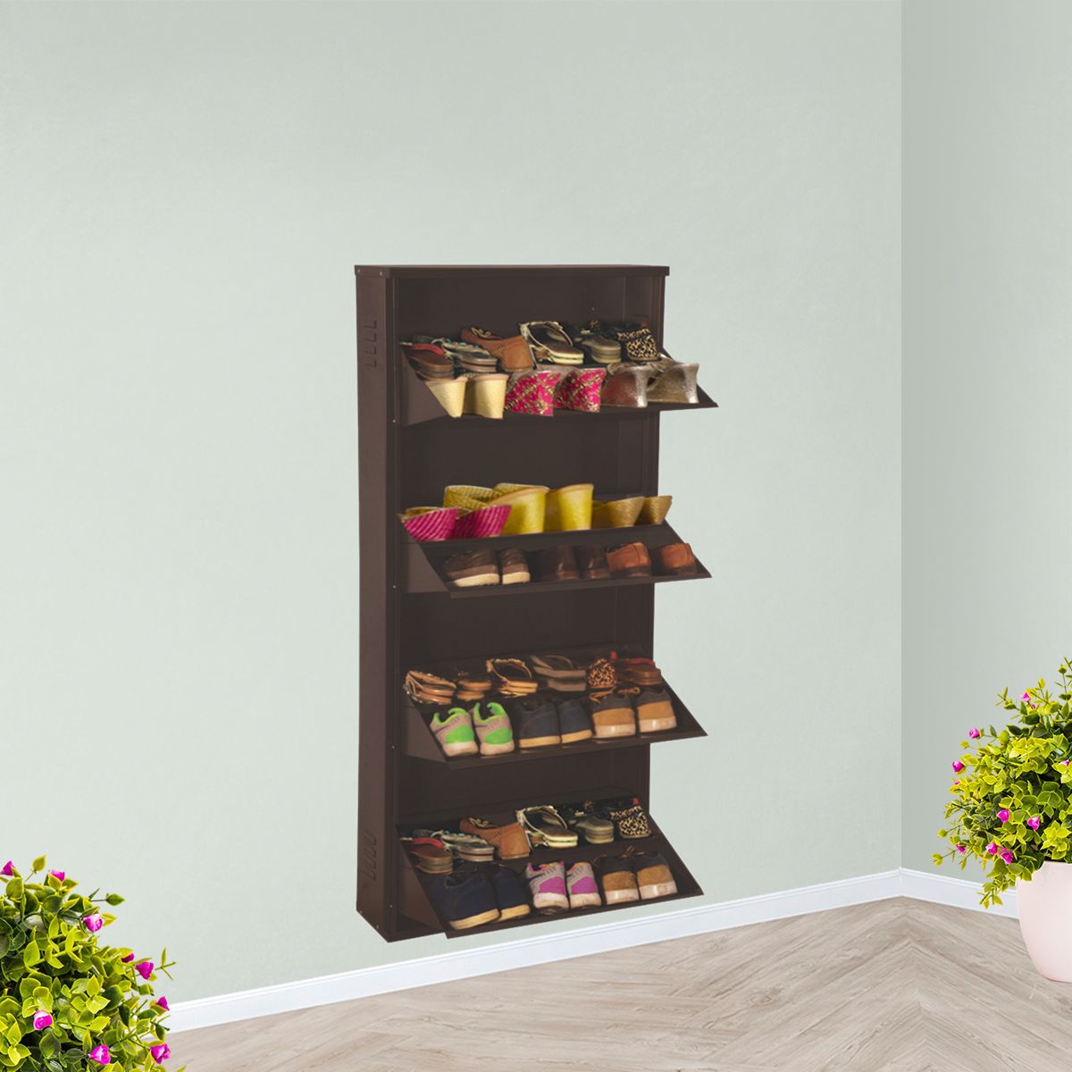 delite kom 24 Inches wide Jumbo Four Door Double Decker Powder Coated Wall Mounted Metallic Coffee Metal, Metal, Metal Shoe Rack-picture-20