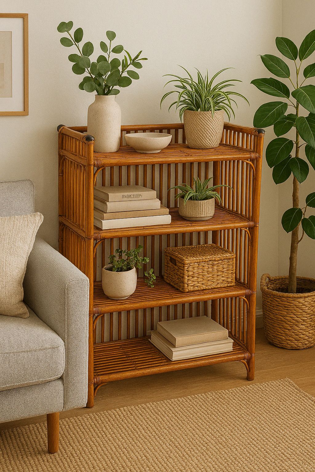 treehouse Natural Rattan 4 Tier Storage Shelf Rack | Bamboo Bookshelf Organizer Cane Open Book Shelf-picture-22