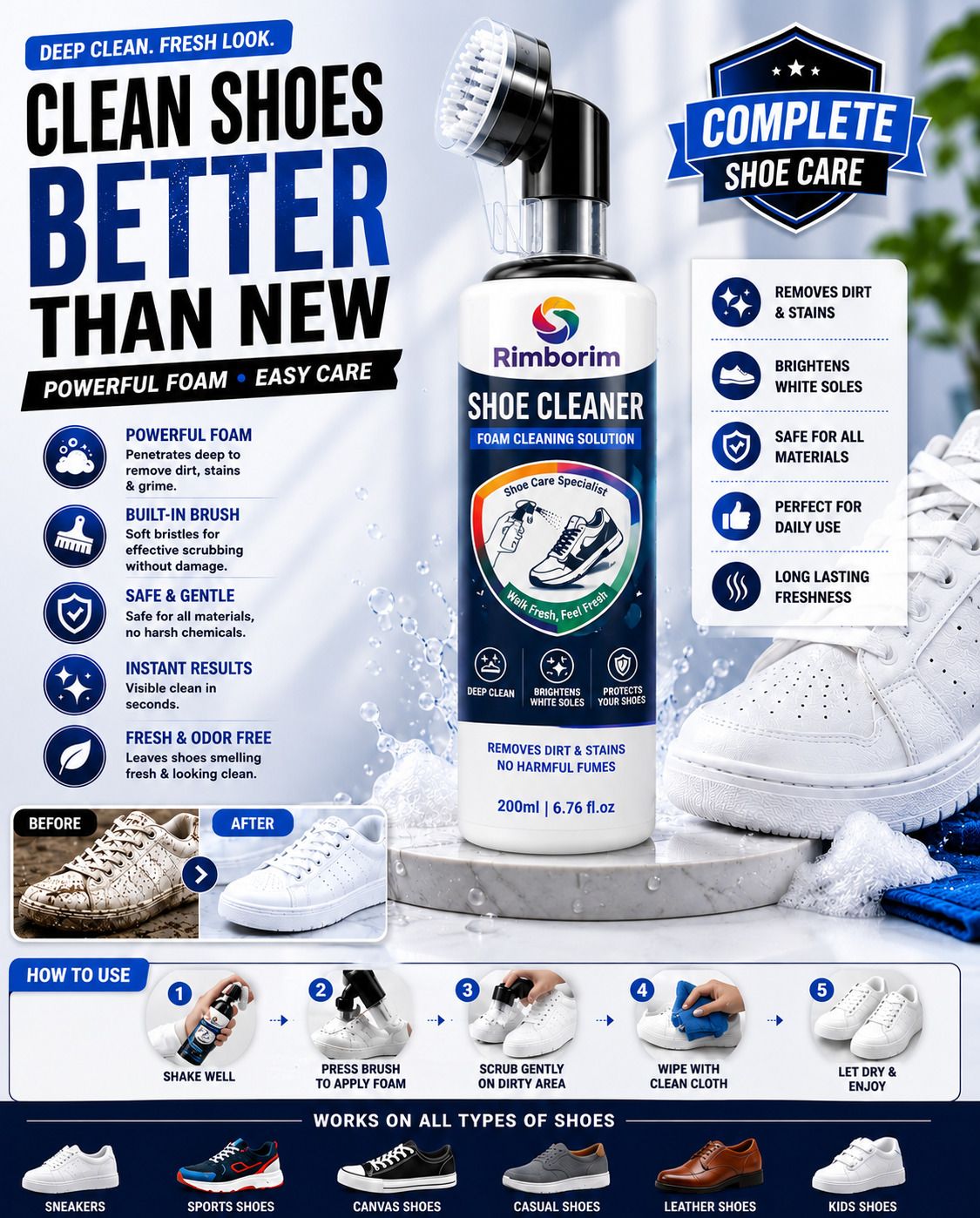 RIMBORIM Professional Shoe Cleaner with Scrub Brush for Sports Shoes 200ml Cleaner-image-4