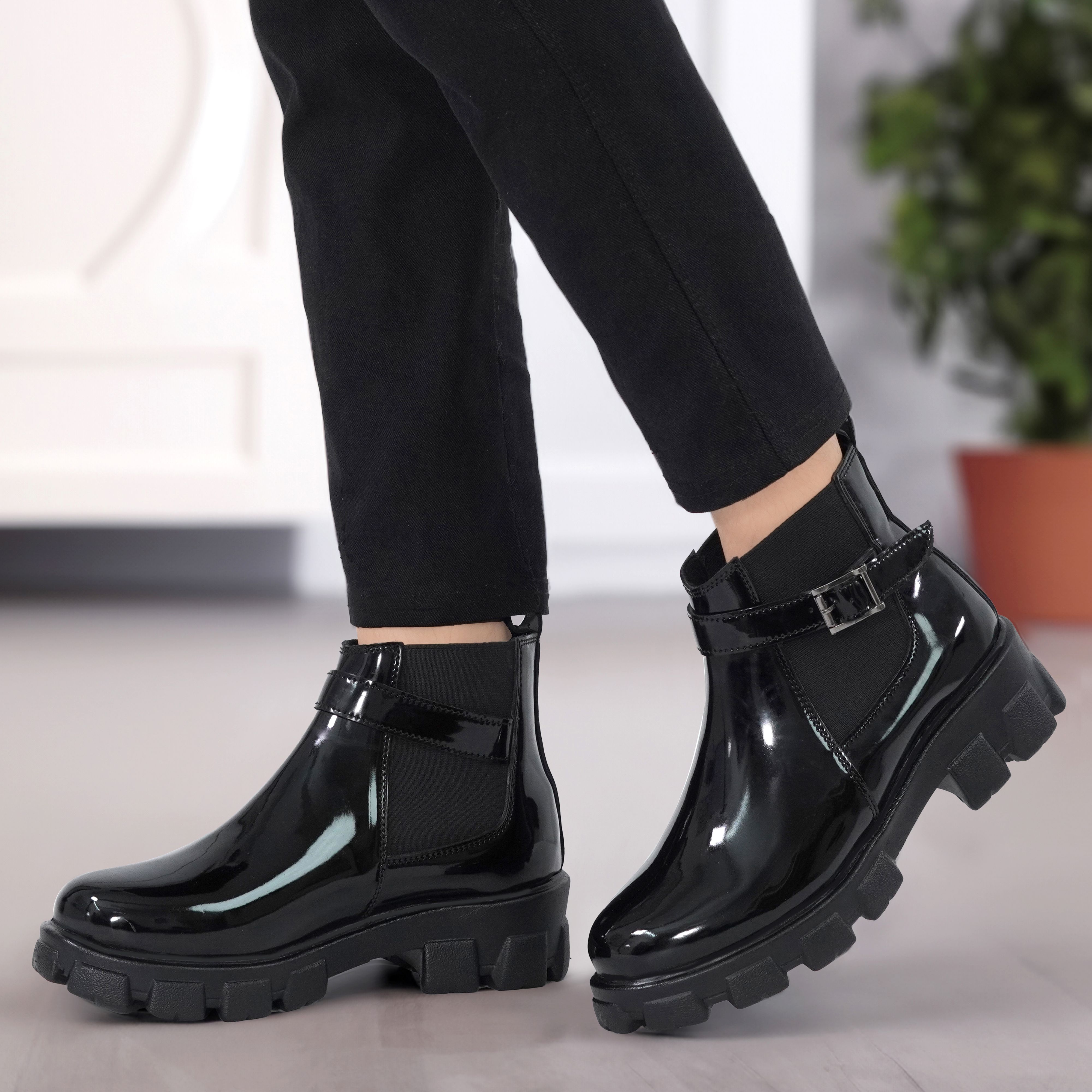 women's glossy black chelsea ankle boots with buckle strap & chunky sole boots for women