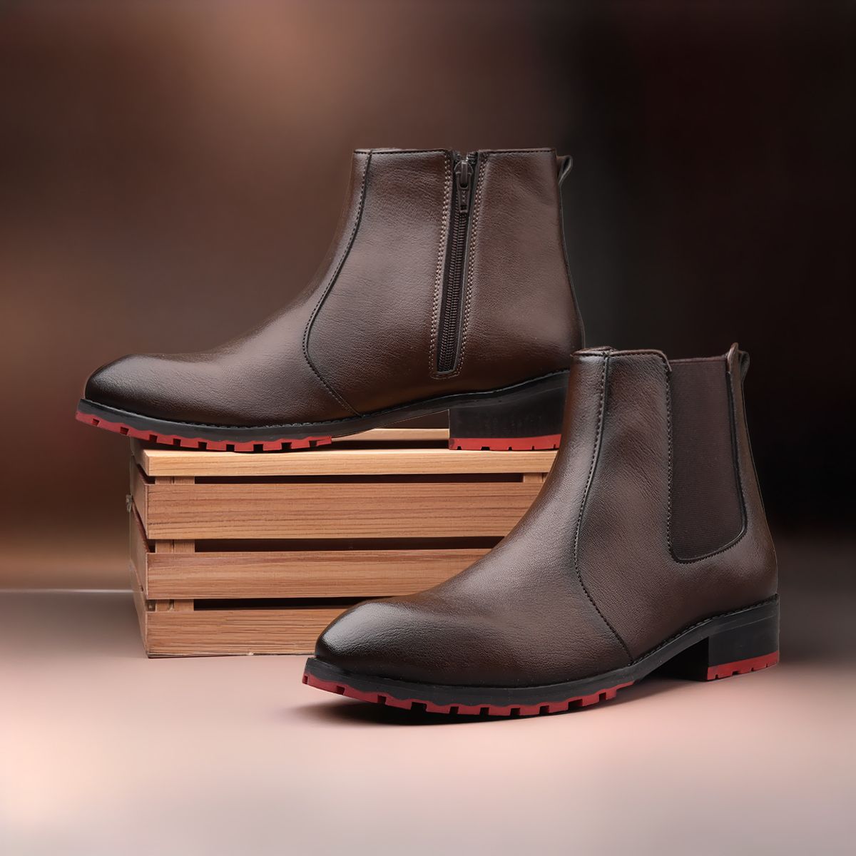 yuvrato baxi Men's Elegant Zip-Up Chelsea Boots In Brown Leather With Unique Red Sole Detail Boots For Men-picture-46