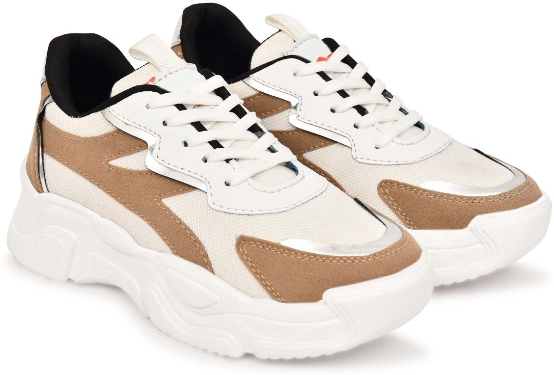 Women White & Brown Chunky Sneakers | Lace-Up Casual Shoes with Thick Sole | Sneakers For Women