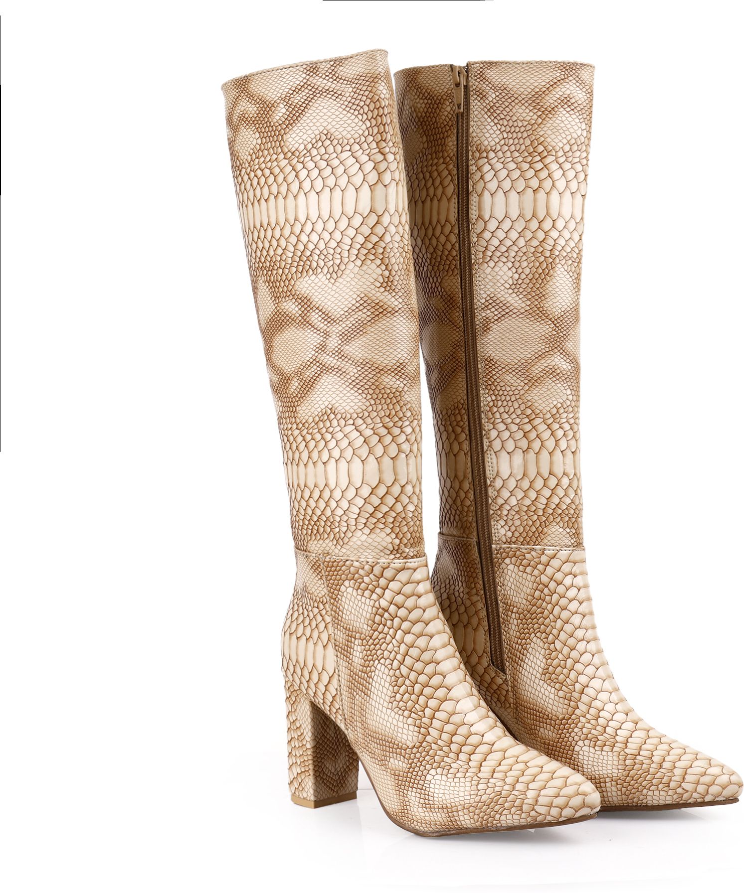 yuvrato baxi Women’s Premium Beige Faux Leather Trendy Snakeskin Knee-High Block Heel Boots Slip On For Women-picture-20