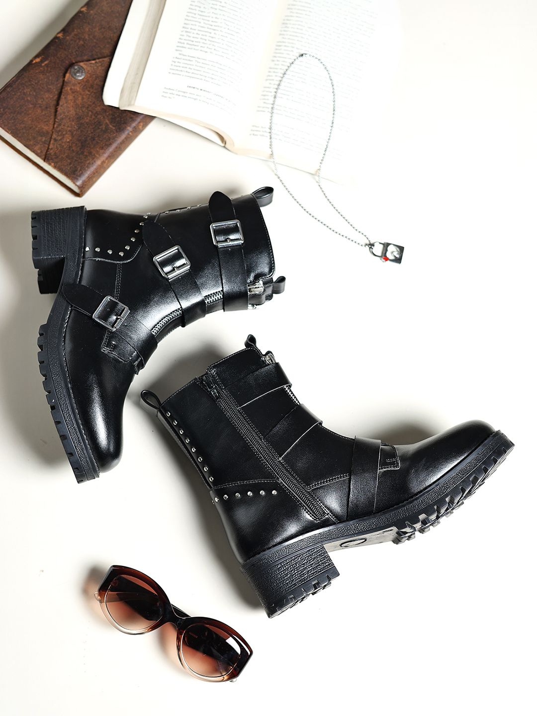 yoho Slays Multi-Strap & Studs Combat Mid Calf boots Boots For Women-picture-33