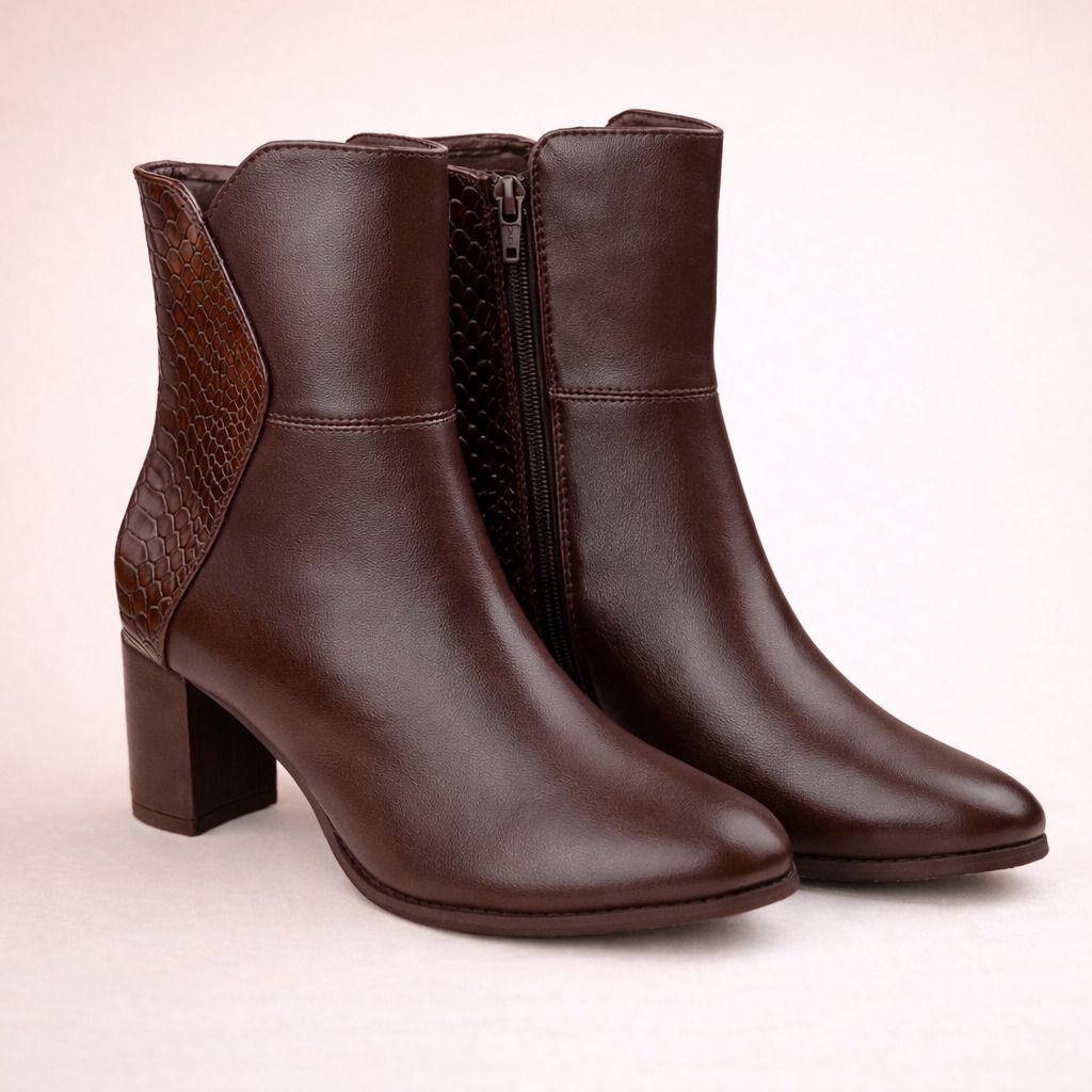 Women Classic Crocodile Textured Side Zipper Comfort Ankle Boots With Mid Heel Slip On For Women