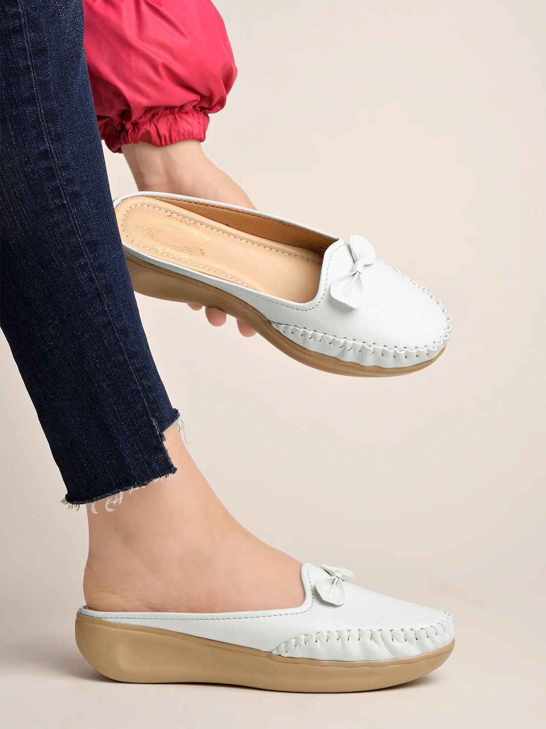 shoetopia Stylish Comfortable Upper Bow Detailed White Slip-On Loafers For Girls Loafers For Women-picture-12