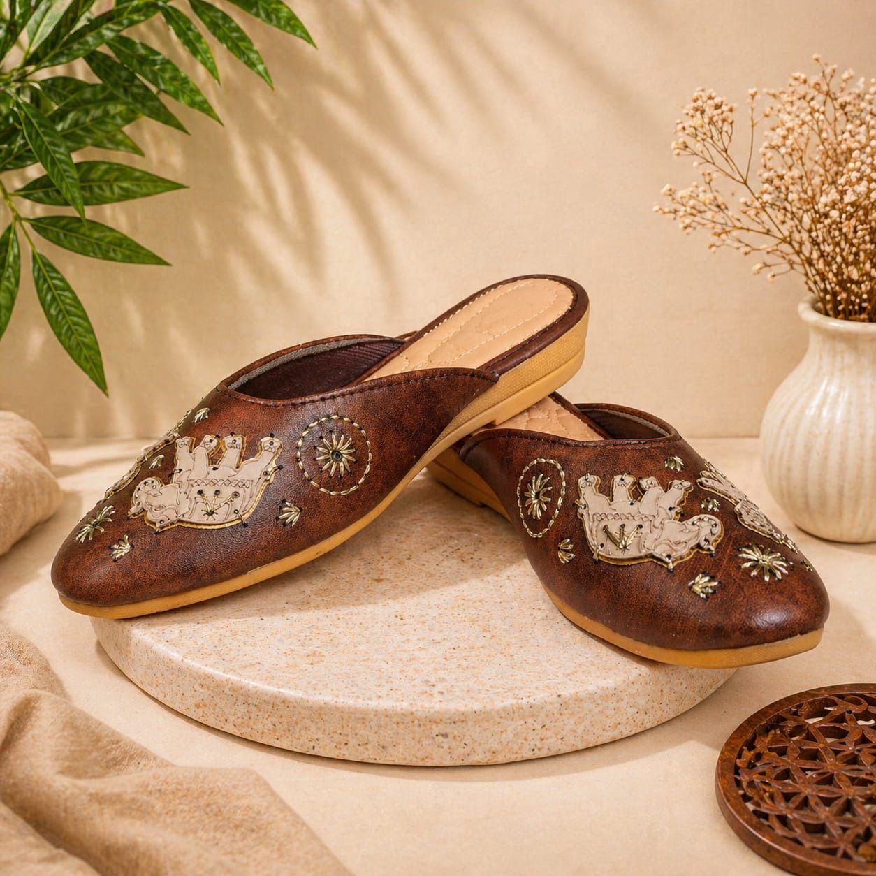 Women Elephant Leather Ethnic Mule Flats | Embroidered Comfortable Footwear Slip On For Women-image-4