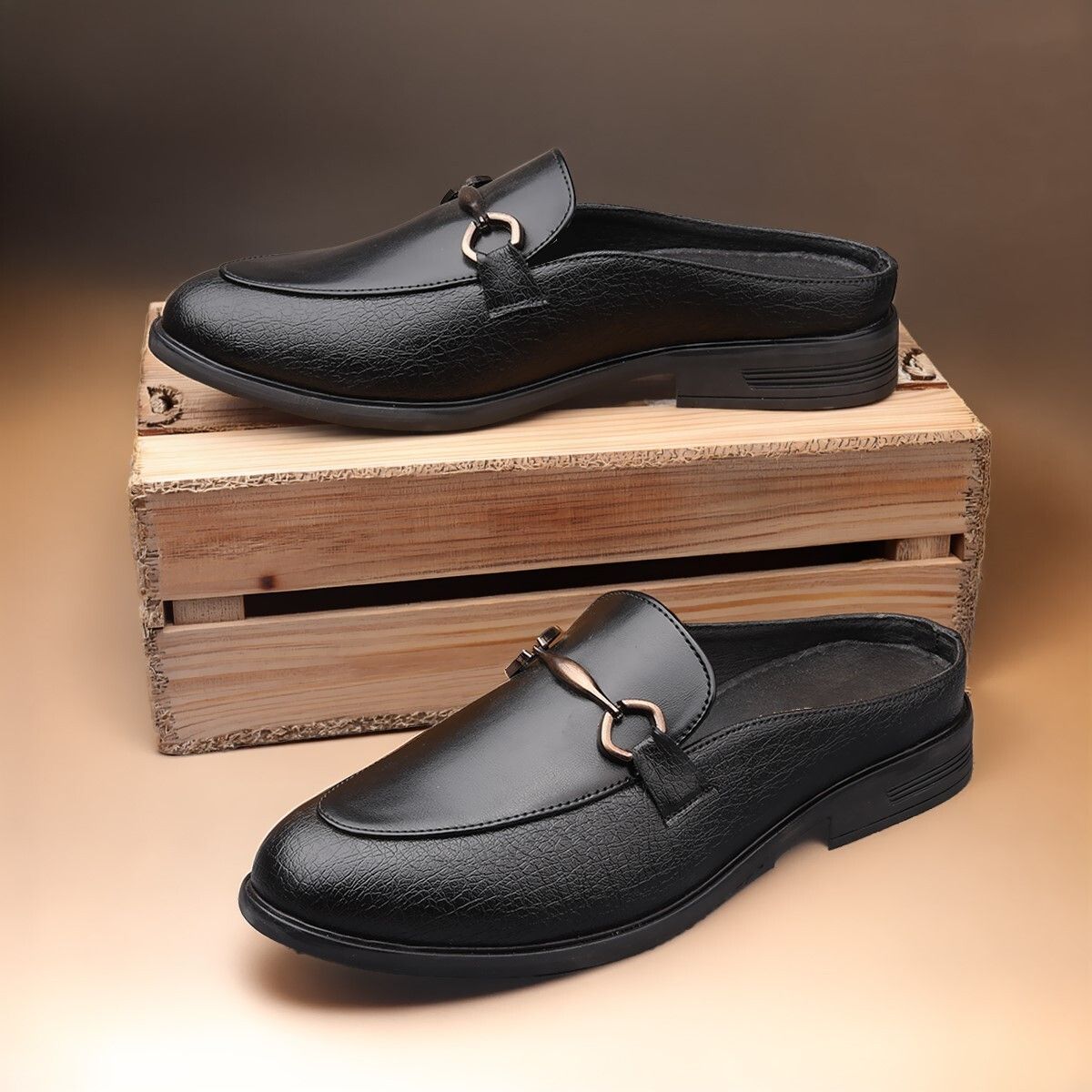 Men Black Textured Horsebit Slip-On Smart Casual Mule Loafer Loafers For Men-image-42