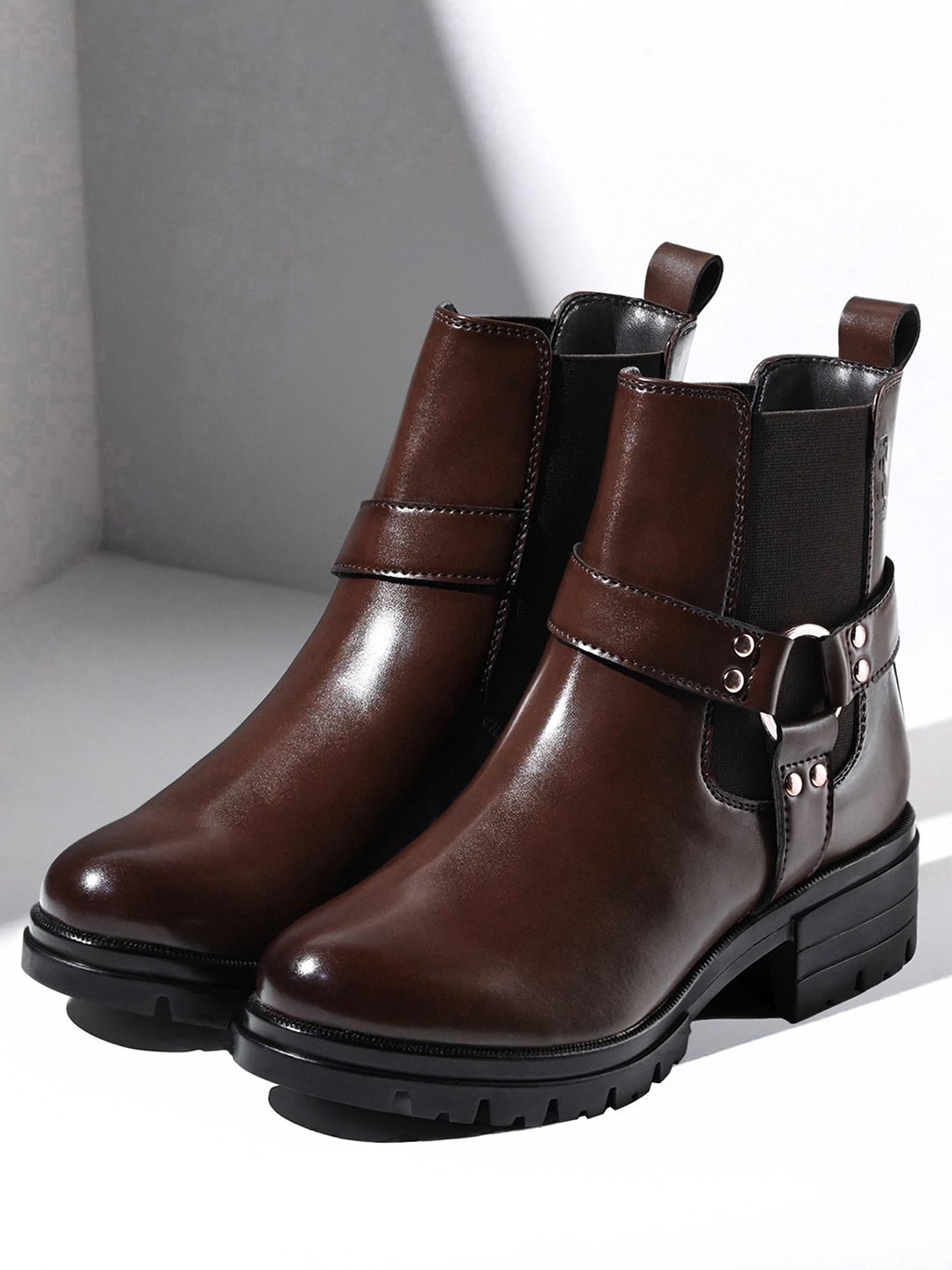 Espresso Brown High-Ankle Round Buckle Slip-On Long Boots for women, CLBT-RBTS Boots For Women-image-2