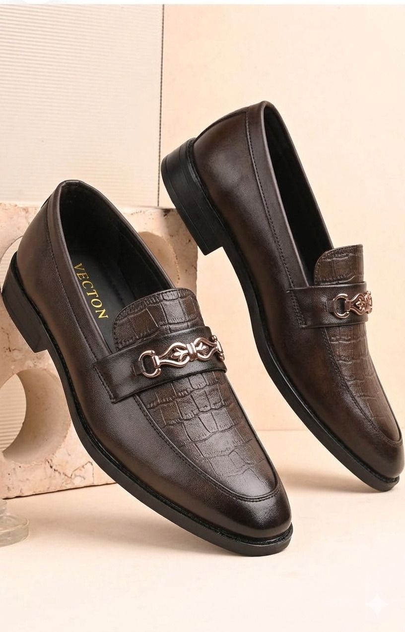 Men's Croco Textured Slip-On Loafers with Metal Horsebit Buckle Shoes for Men Loafers For Men-image-40