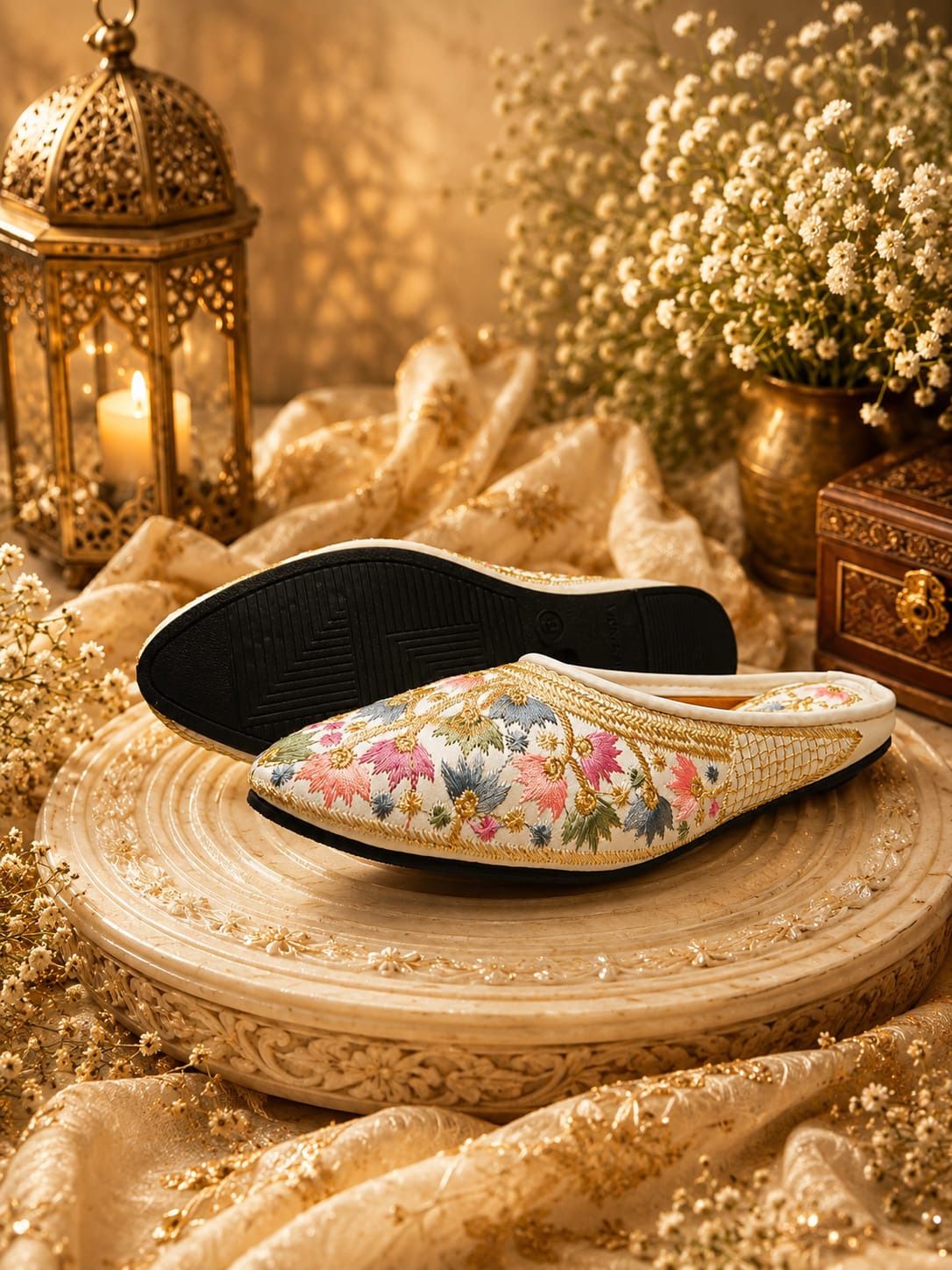 White Floral Embroidered Ethnic Jutti | Soft Cushioned Slip-On Party Wear For Women-image-37