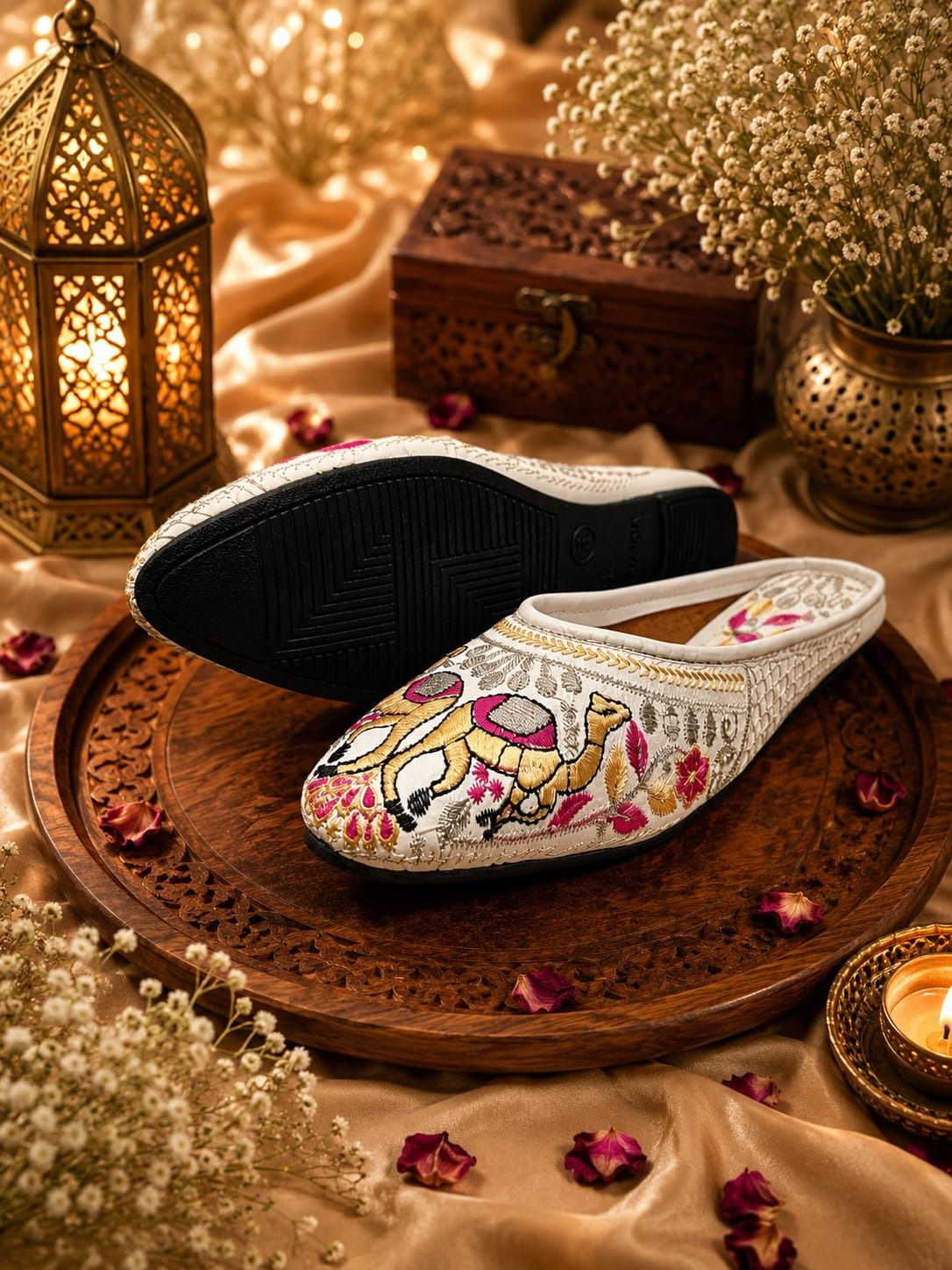 White Embroidered Camel Motif Ethnic Jutti Slip-On Flats Party Wear For Women-image-2