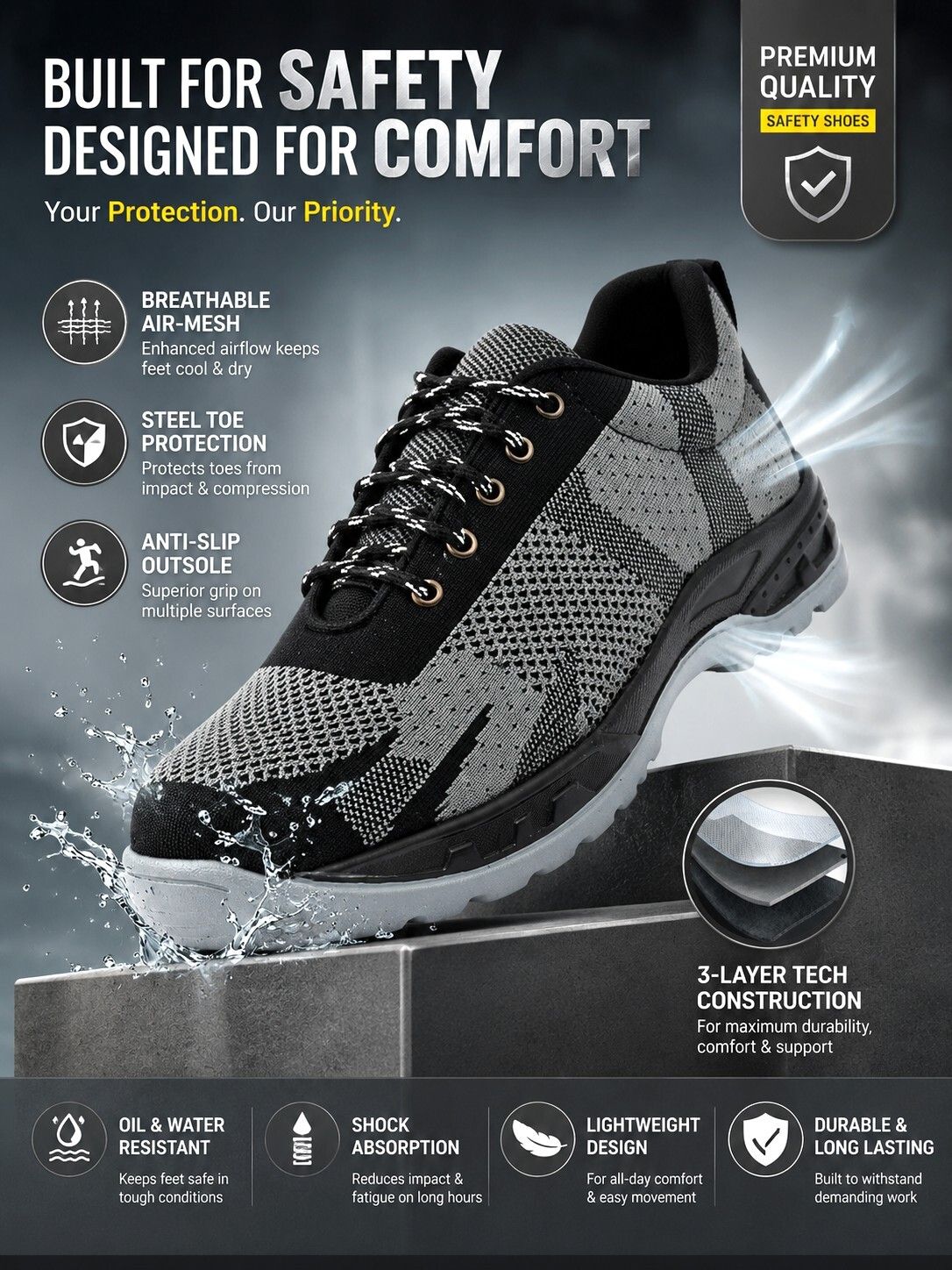 peclo Mesh Safety Shoe With Steel Toe |Anti-Slip Sole Oil & Water Outdoors For Men-picture-17