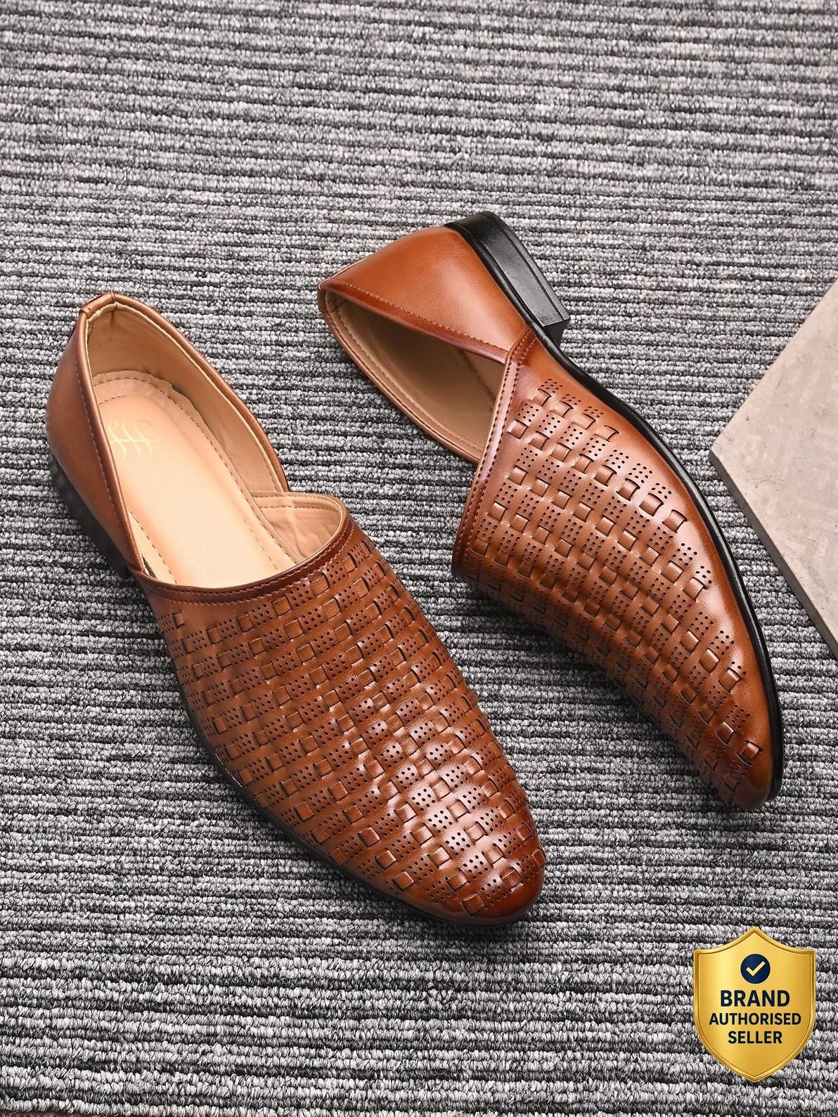 house of pataudi Men Brown Textured Leather Slip-On Loafers with Handcrafted Woven Design Mojaris For Men-picture-35