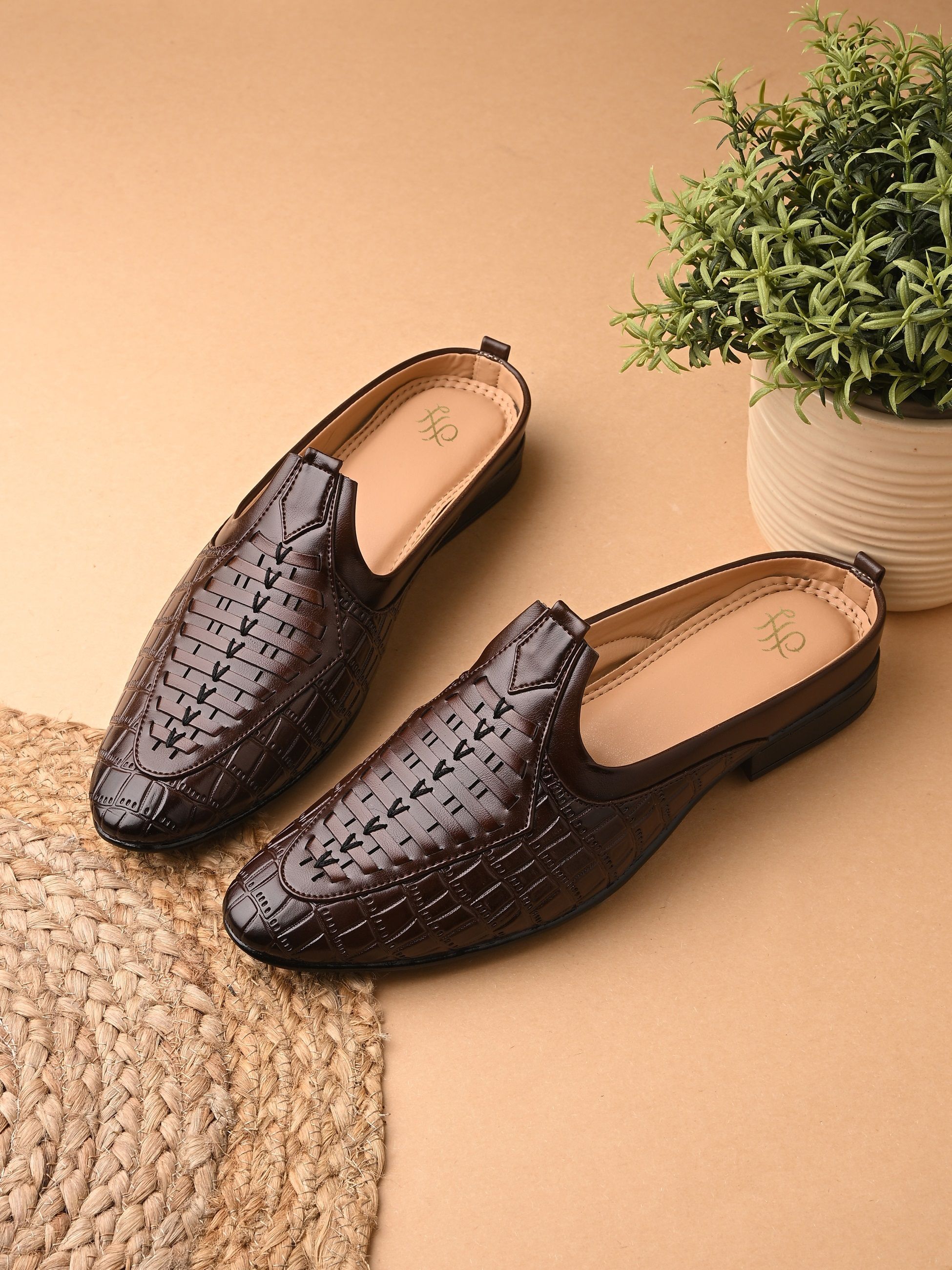 house of pataudi Men Brown Textured Leather Slip-On Loafers with Handcrafted Woven Design Mojaris For Men-picture-14