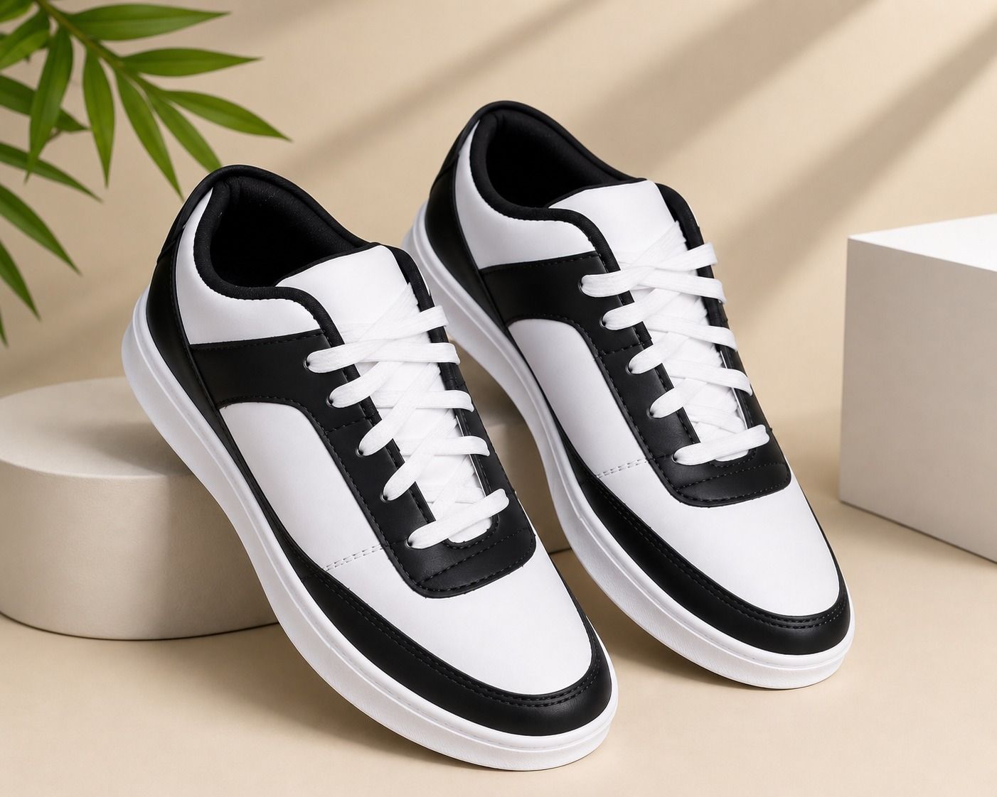 IDOLESHOP Men’s Casual Lace-Up Sneakers | Stylish White & Black PU Leather Shoes Sneakers For Men-picture-4